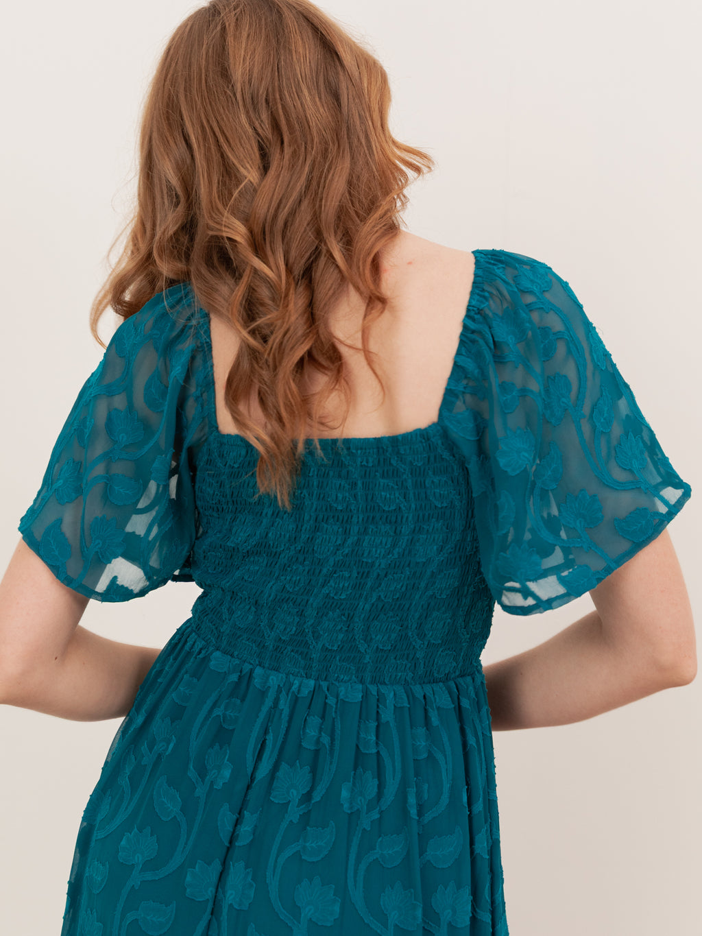 Lovedrobe Teal Floral Burnout Square Neck Shirred Midaxi Dress