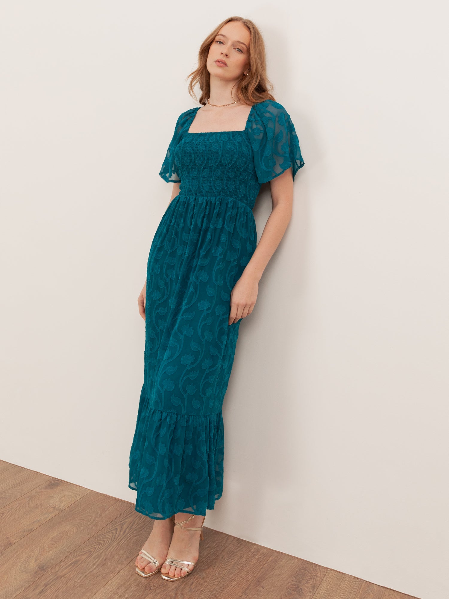 Lovedrobe Teal Floral Burnout Square Neck Shirred Midaxi Dress