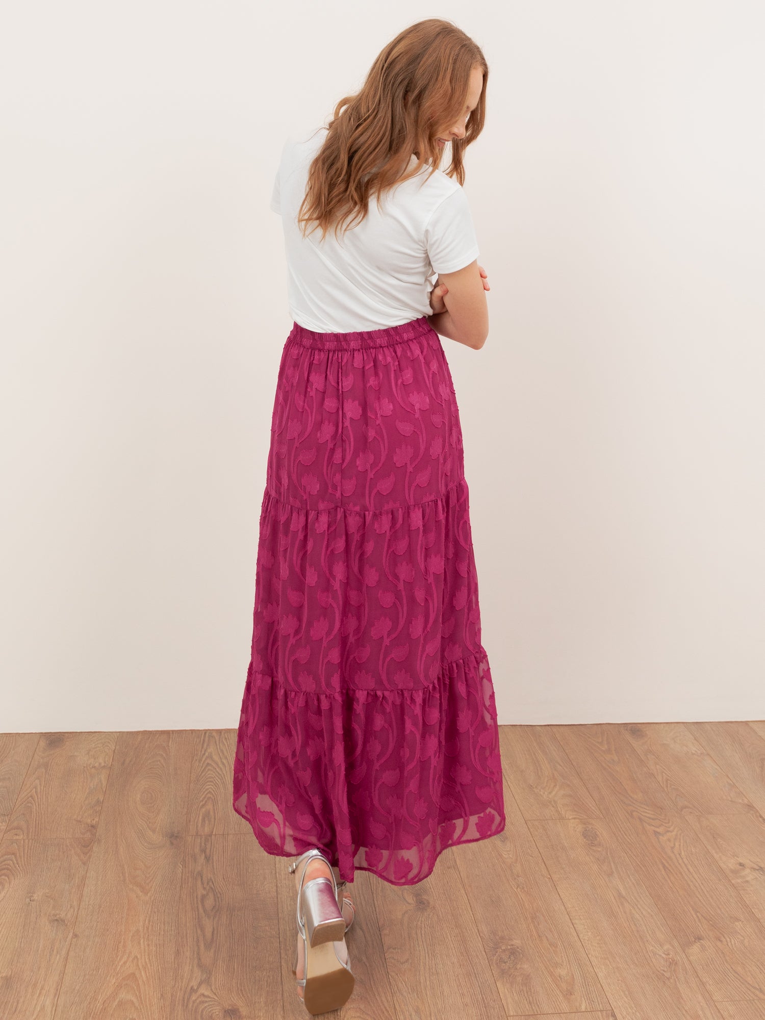 Lovedrobe Fuchsia Floral Burnout Tiered Maxi Skirt