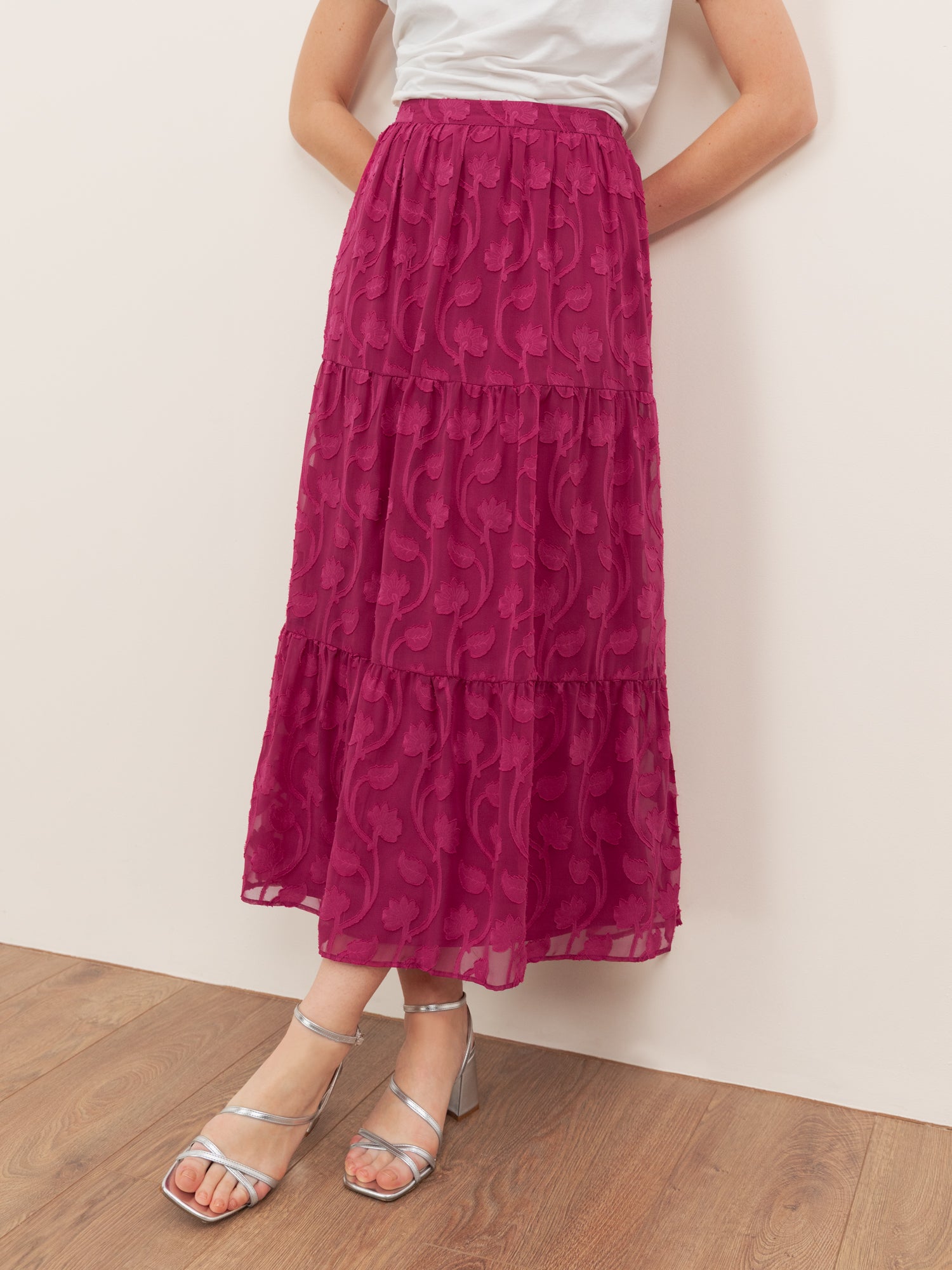 Lovedrobe Fuchsia Floral Burnout Tiered Maxi Skirt