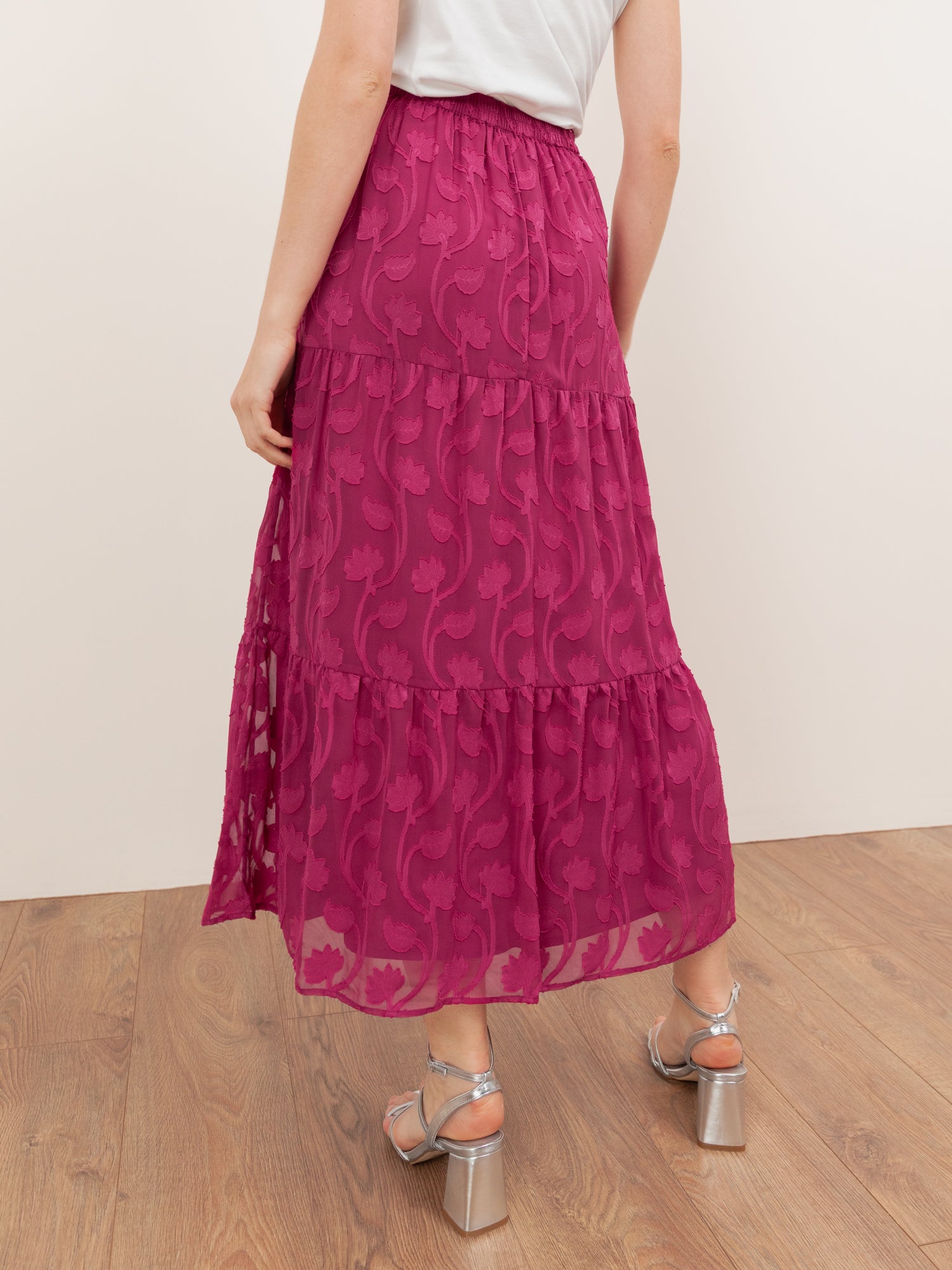 Lovedrobe Fuchsia Floral Burnout Tiered Maxi Skirt