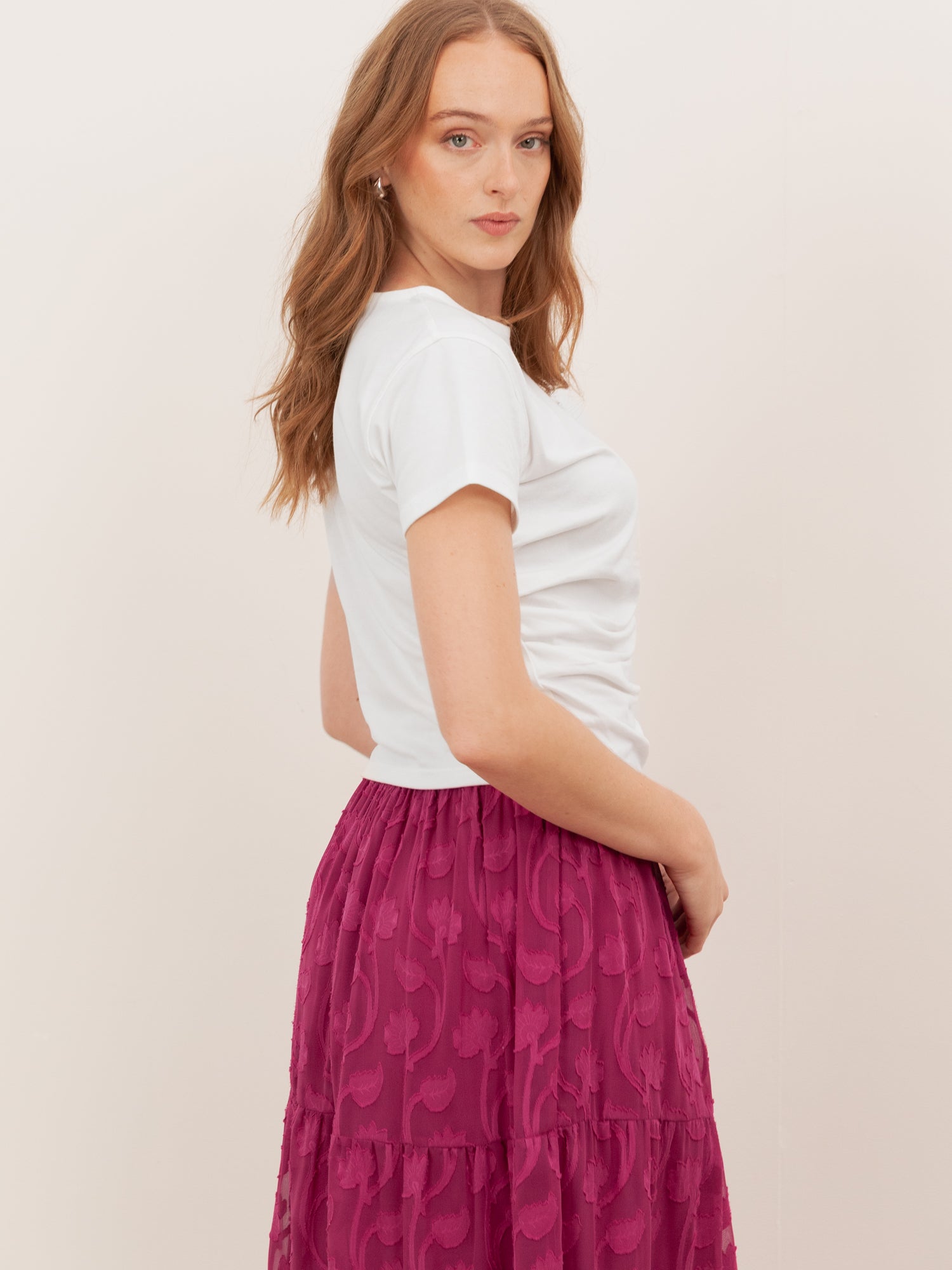 Lovedrobe Fuchsia Floral Burnout Tiered Maxi Skirt