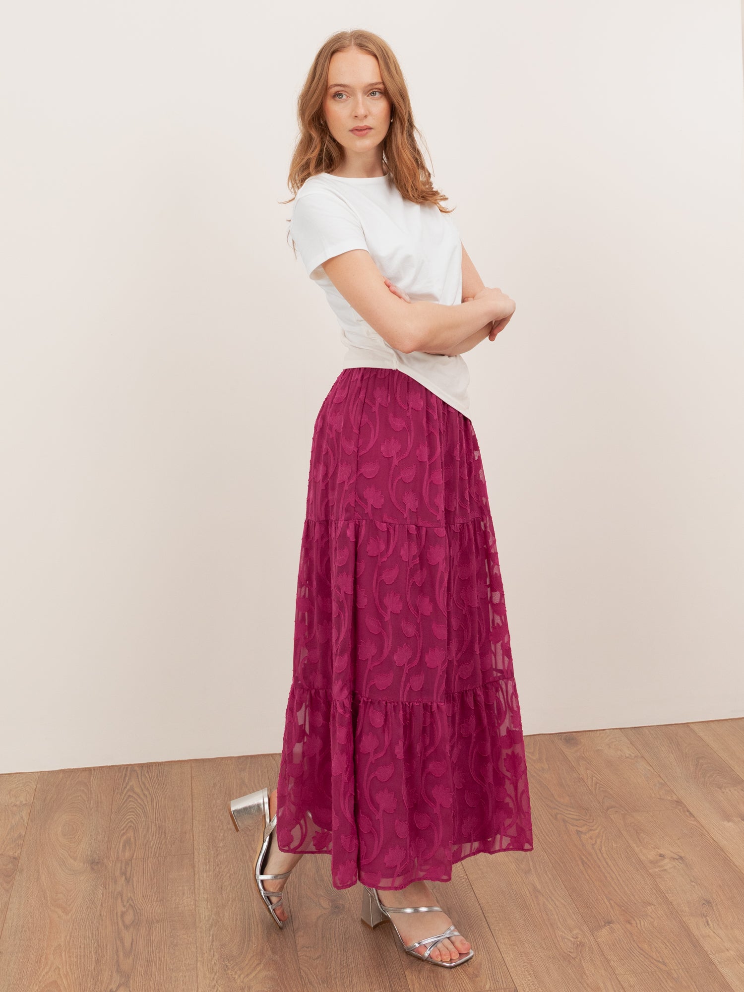 Lovedrobe Fuchsia Floral Burnout Tiered Maxi Skirt