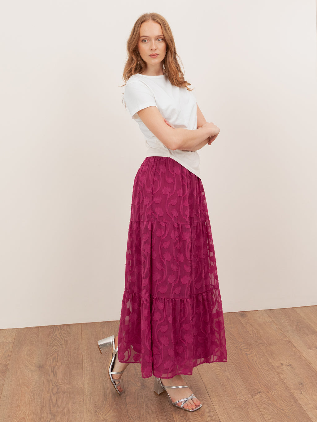 Lovedrobe Fuchsia Floral Burnout Tiered Maxi Skirt