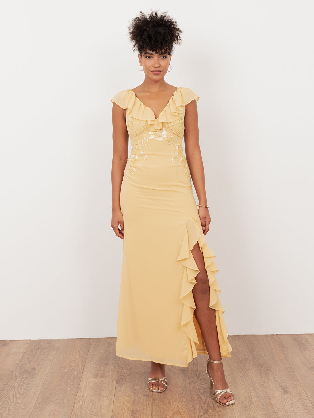 Maya Buttercream Embellished V Neck Ruffle Maxi Dress with Split