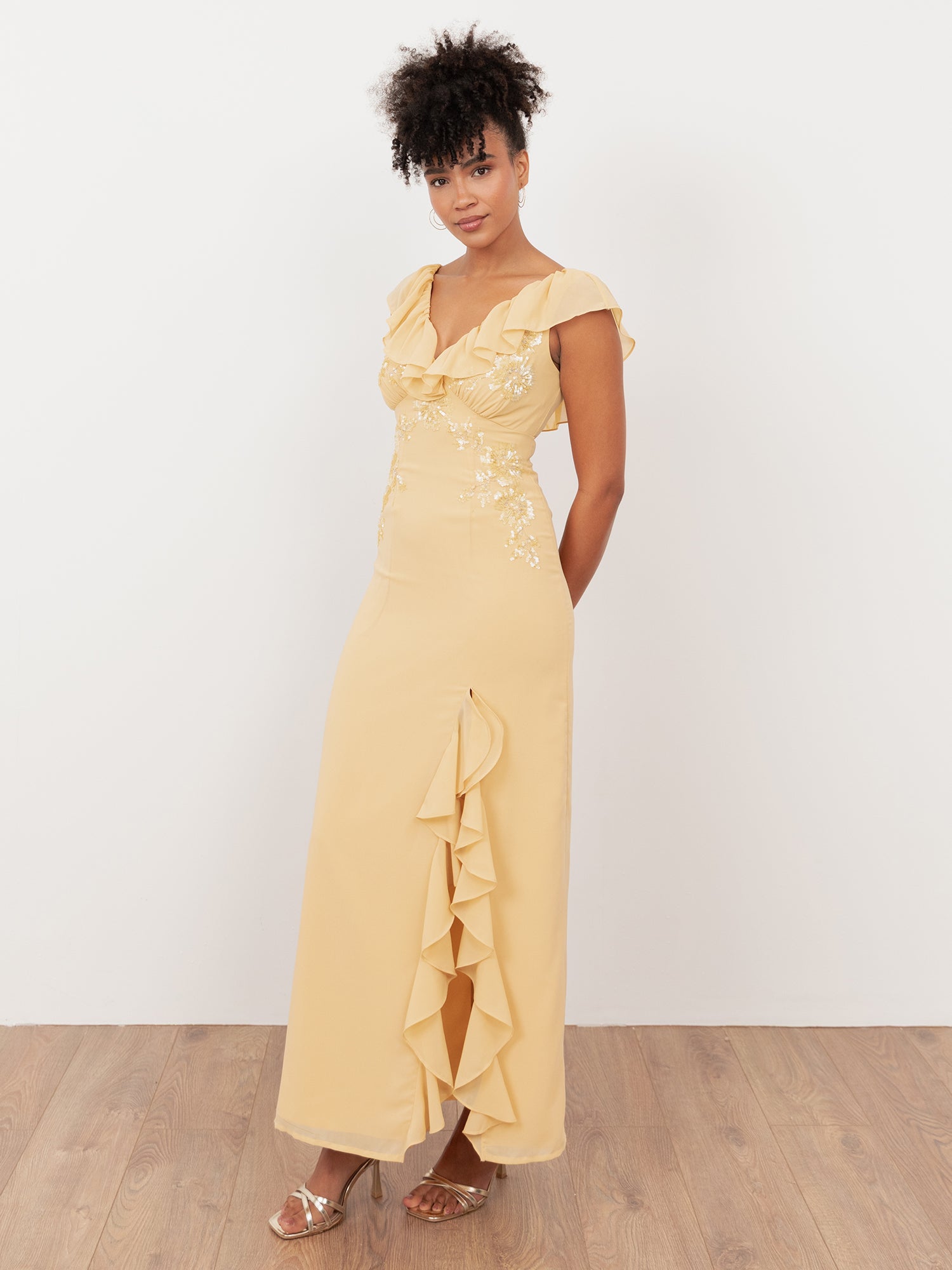 Maya Buttercream Embellished V Neck Ruffle Maxi Dress with Split