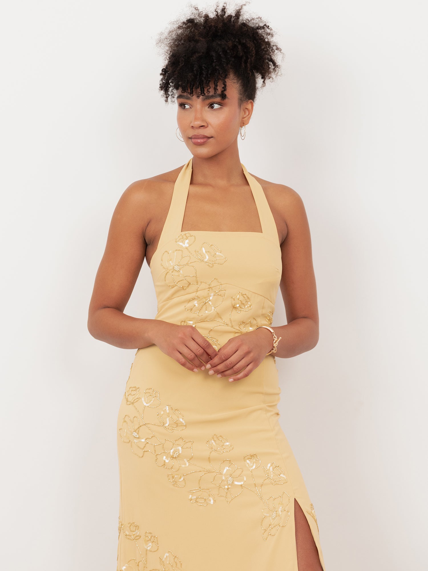 Maya Buttercream Floral Motif Halter Neck Midaxi Dress