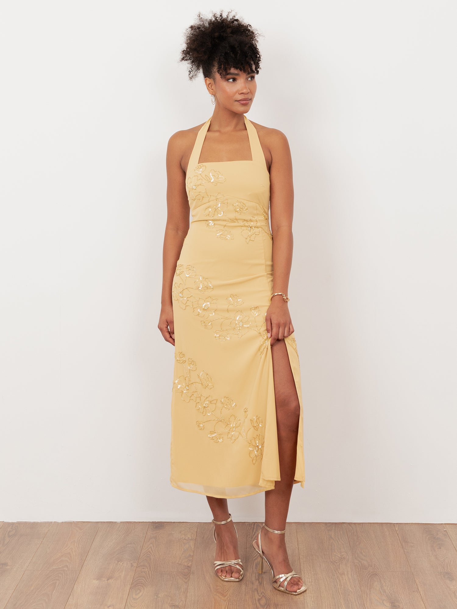 Maya Buttercream Floral Motif Halter Neck Midaxi Dress