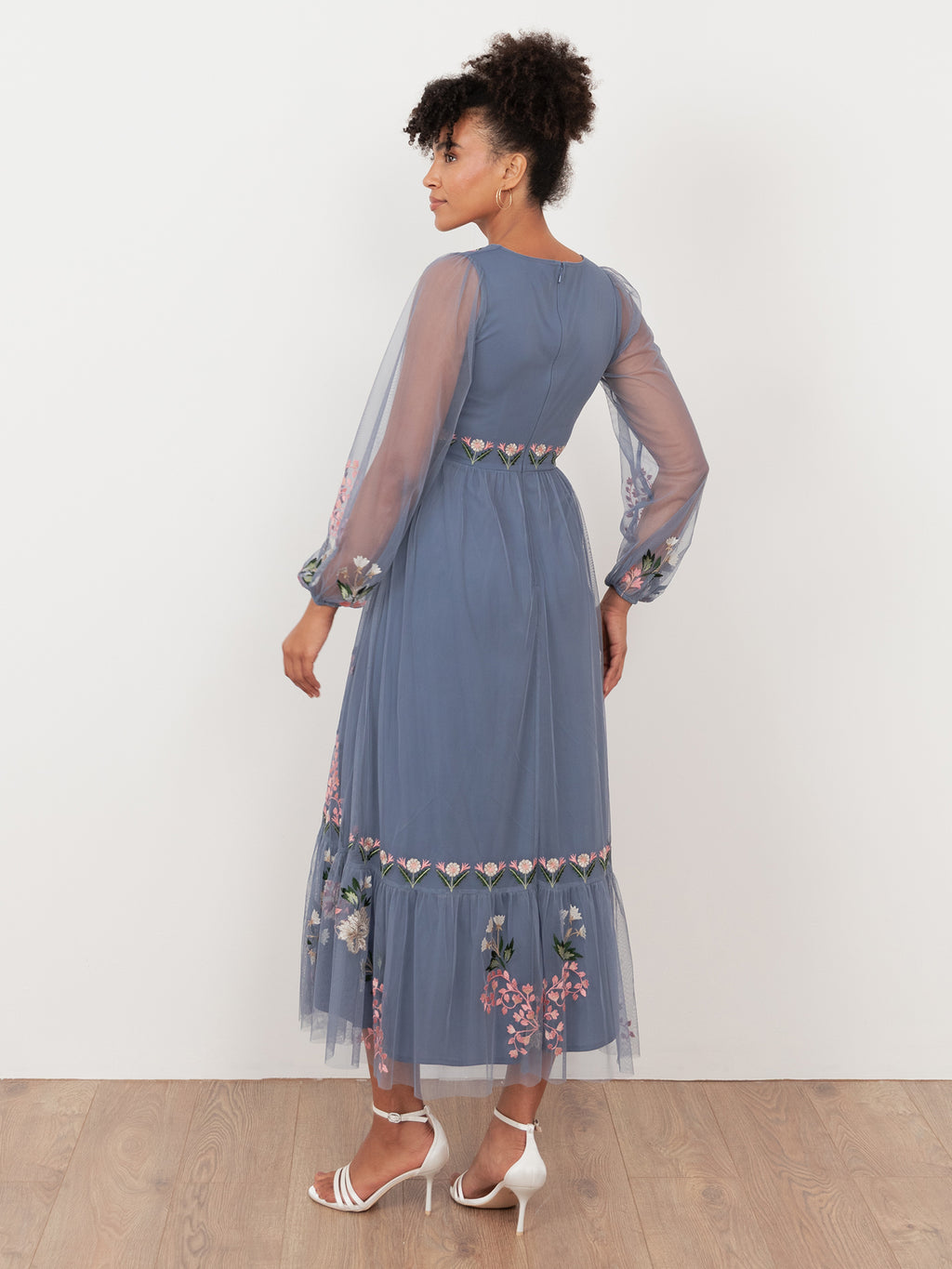 Maya Infinity Blue Embroidered Faux Wrap Maxi Sleeve Midaxi Dress