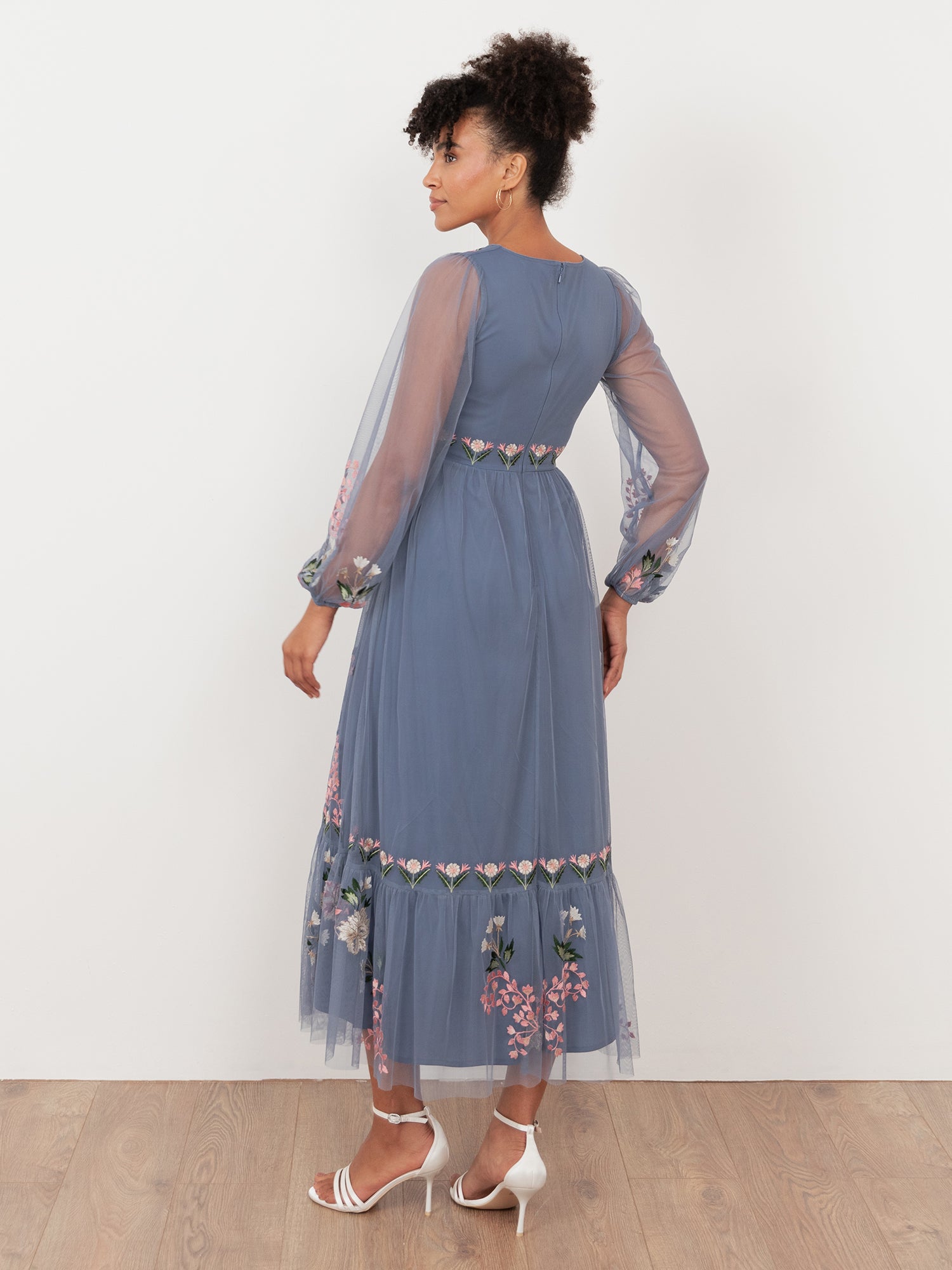 Maya Infinity Blue Embroidered Faux Wrap Maxi Sleeve Midaxi Dress