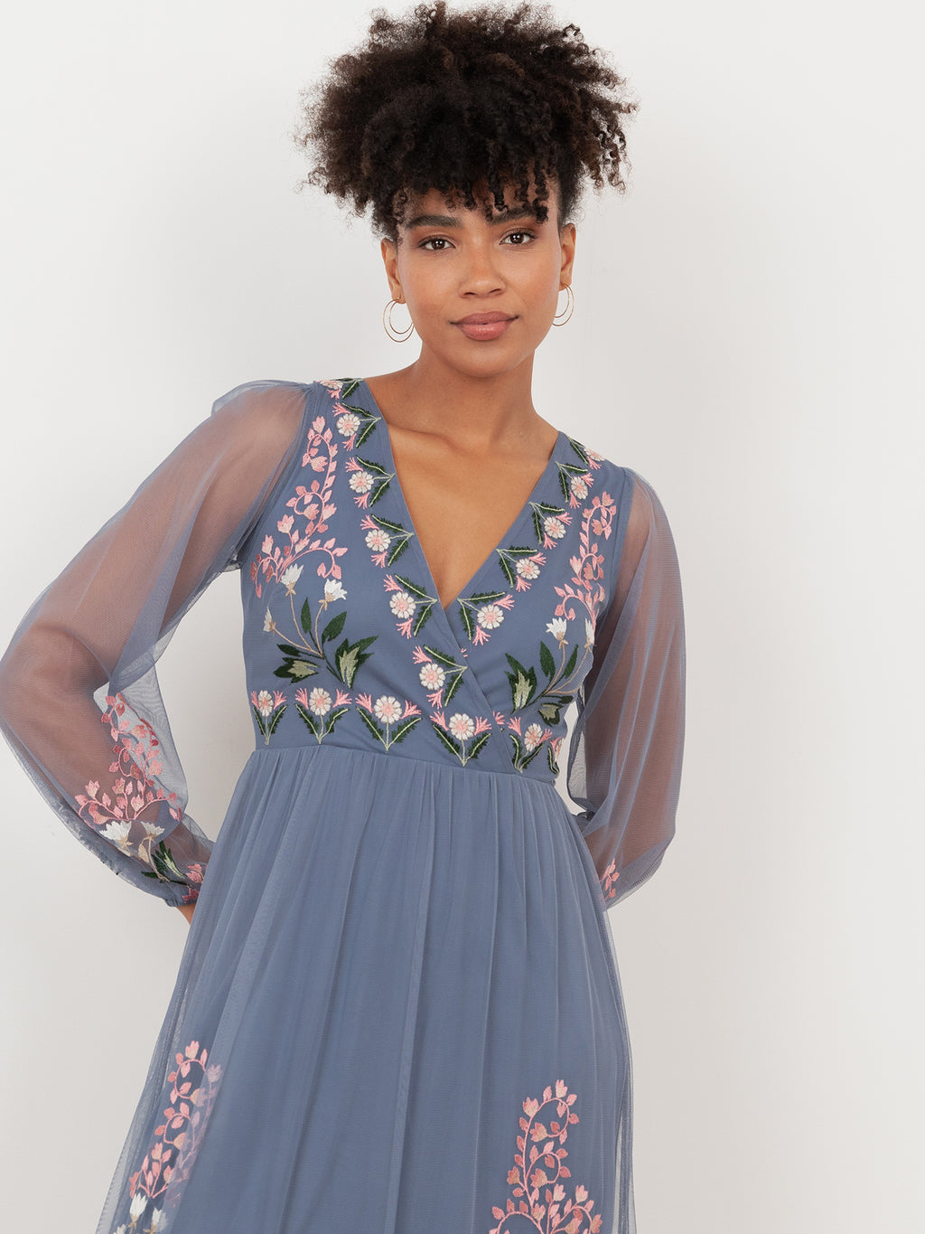 Maya Infinity Blue Embroidered Faux Wrap Maxi Sleeve Midaxi Dress