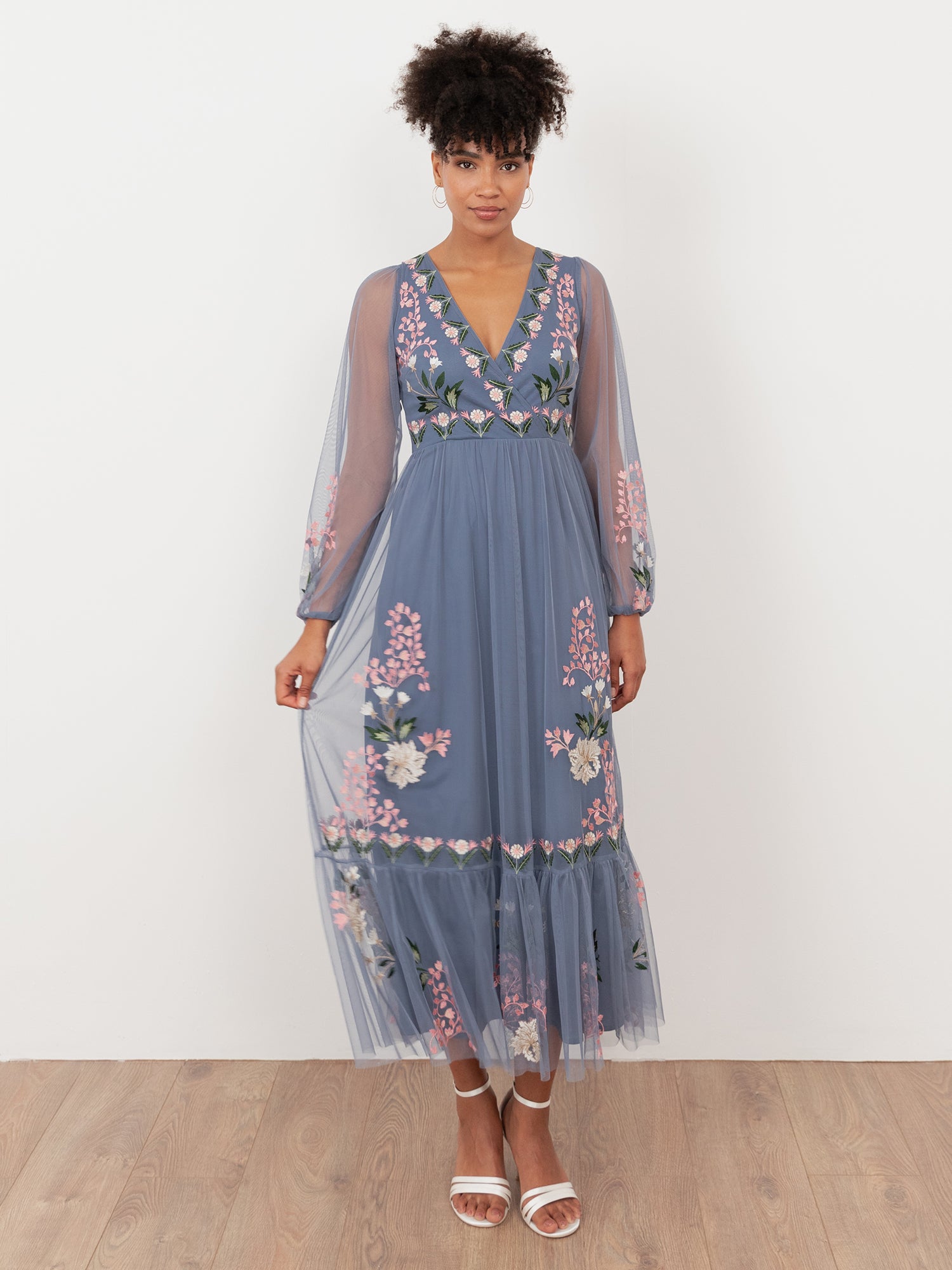 Maya Infinity Blue Embroidered Faux Wrap Maxi Sleeve Midaxi Dress