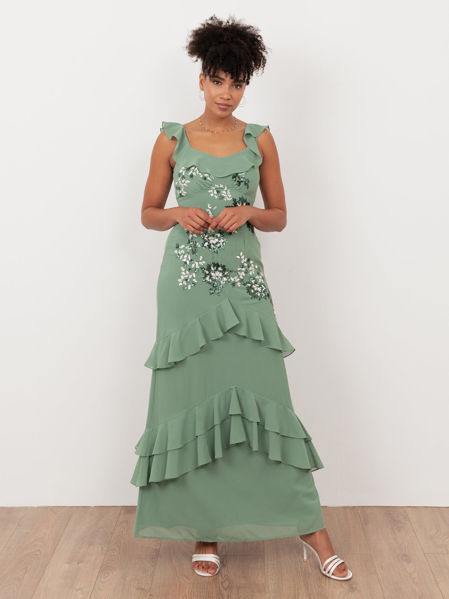Maya Dark Sage Green Embellished Ruffled Maxi Dress with Keyhole Back