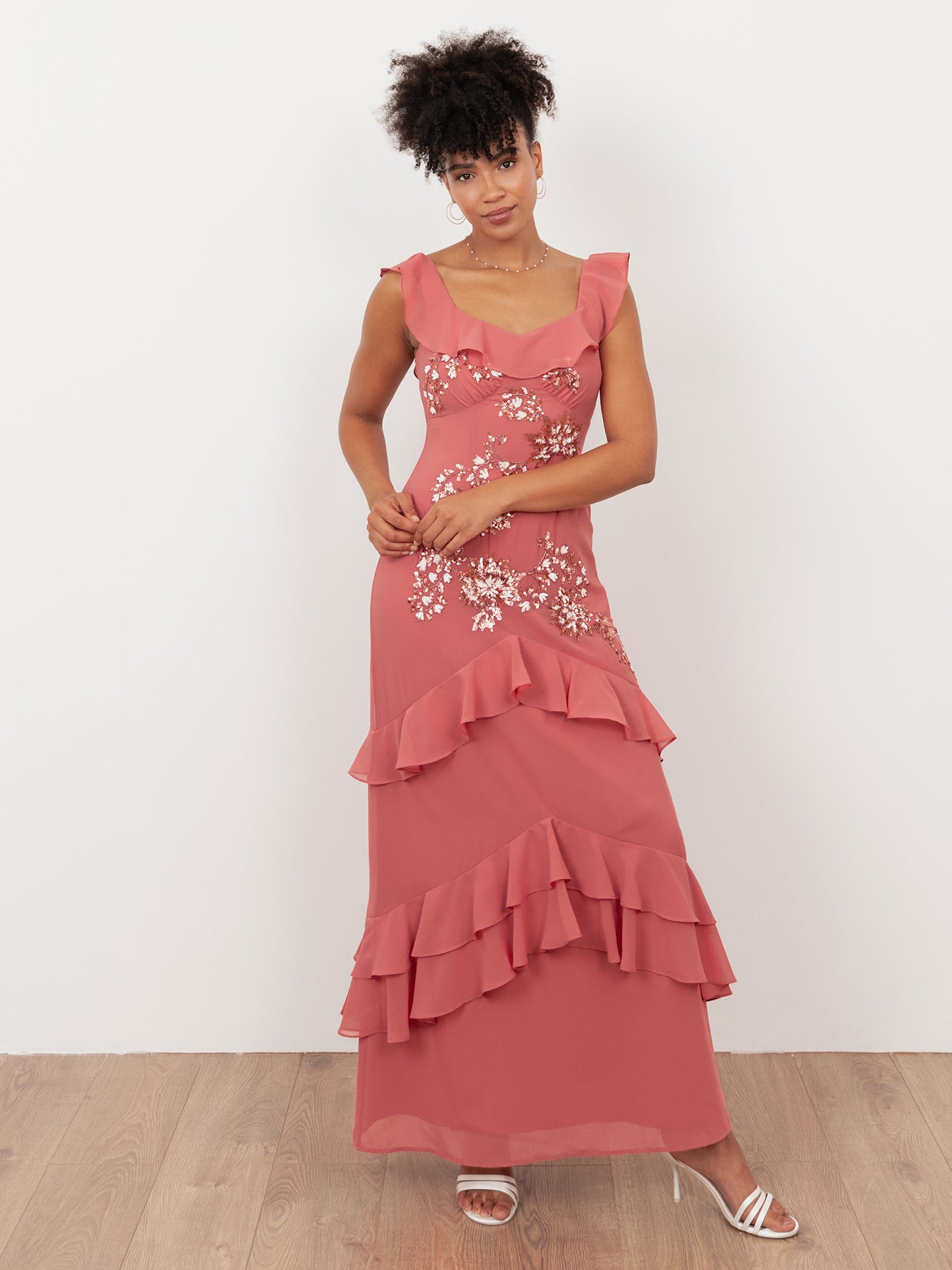 Maya Mid Pink Embellished Ruffled Maxi Dress with Keyhole Back