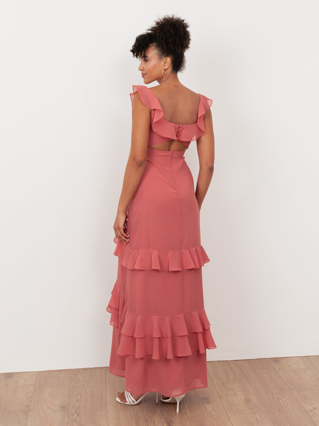 Maya Mid Pink Embellished Ruffled Maxi Dress with Keyhole Back