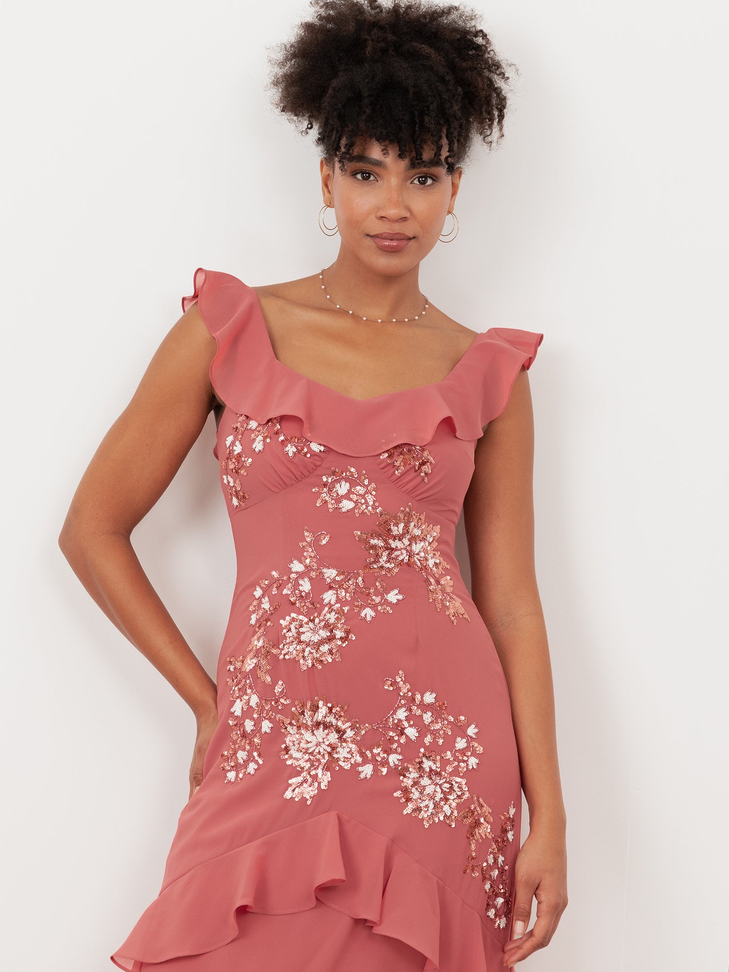 Maya Mid Pink Embellished Ruffled Maxi Dress with Keyhole Back