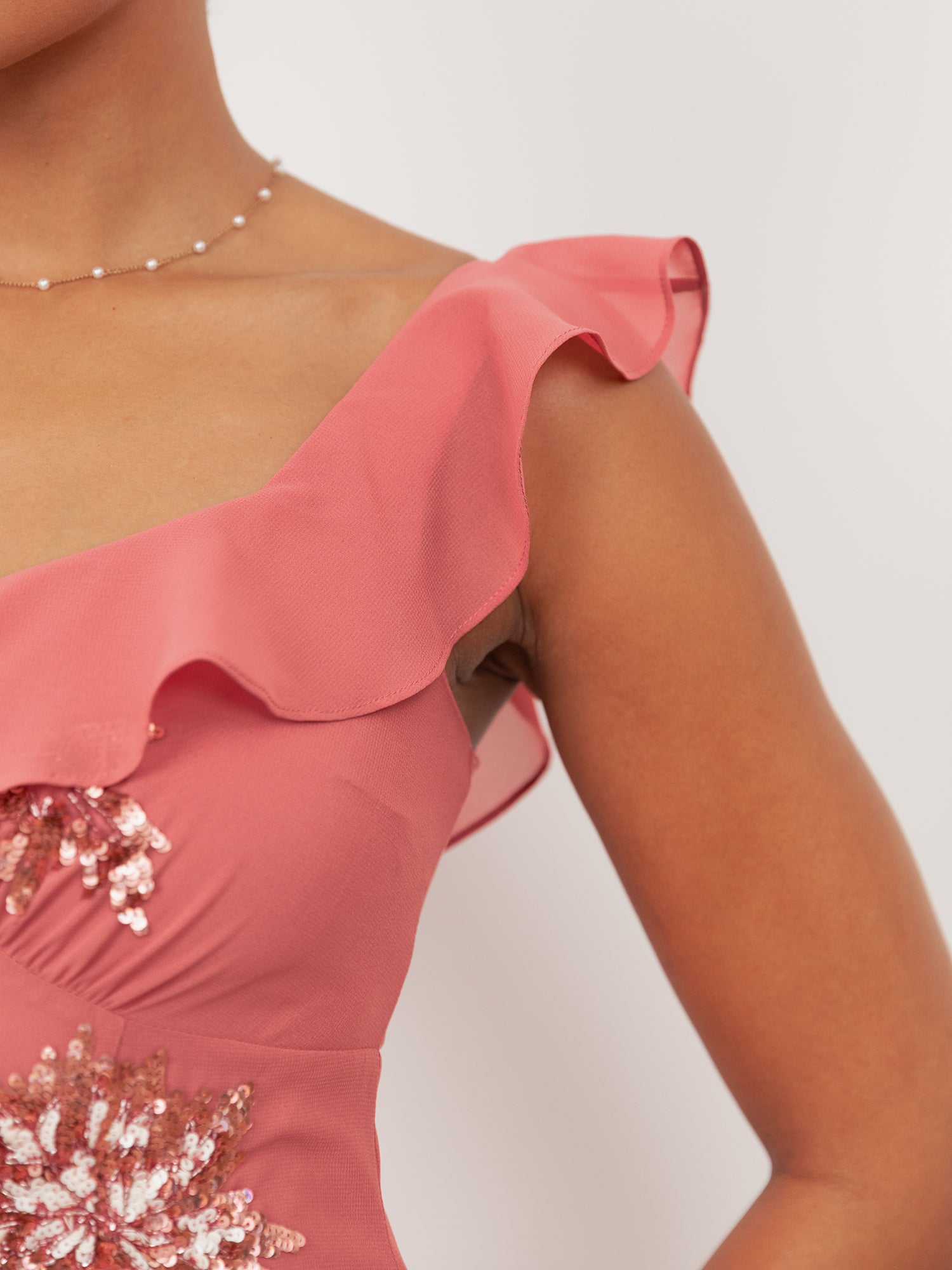 Maya Mid Pink Embellished Ruffled Maxi Dress with Keyhole Back