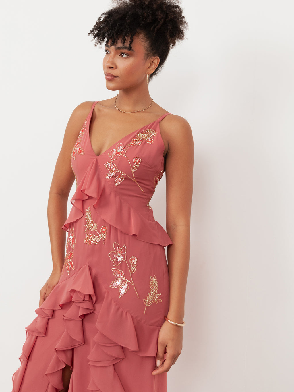 Maya Pink Embellished Cami Maxi Dress with Waterfall Ruffle