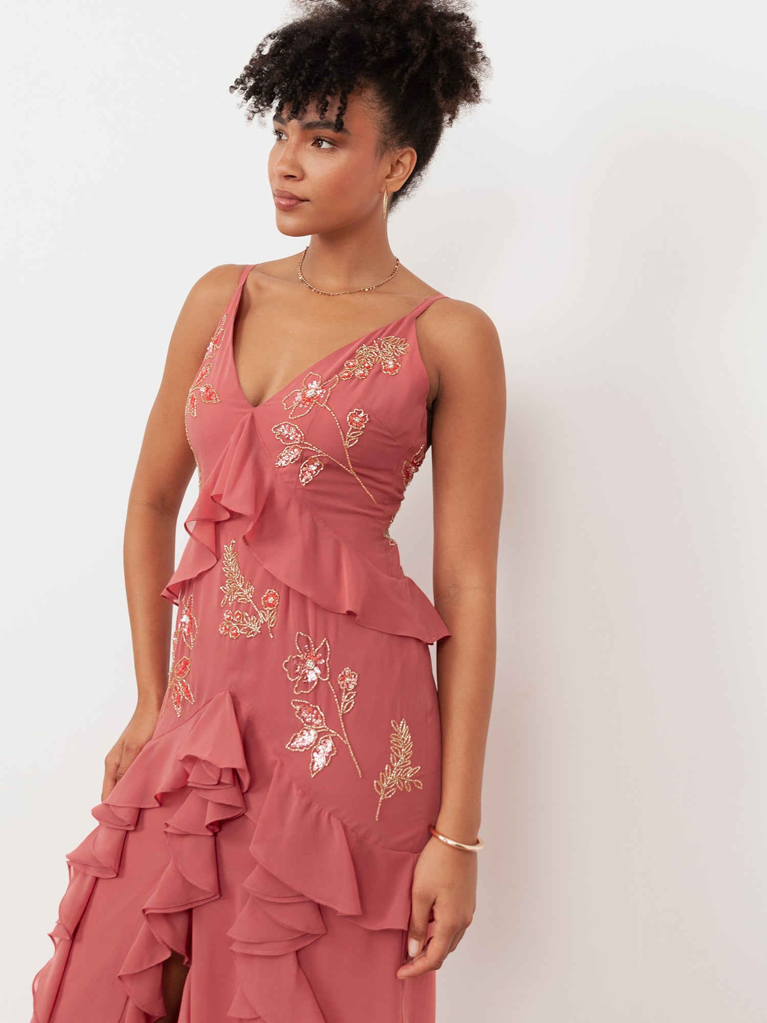 Maya Pink Embellished Cami Maxi Dress with Waterfall Ruffle