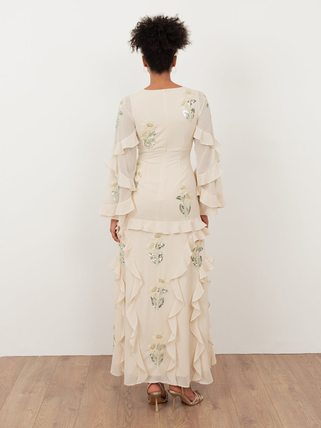 Maya Vanilla Embellished Maxi Sleeve Ruffle Maxi Dress