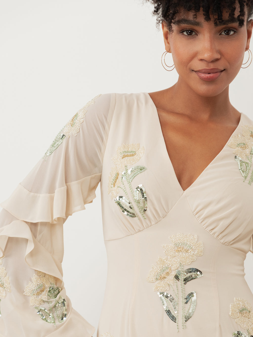 Maya Vanilla Embellished Maxi Sleeve Ruffle Maxi Dress