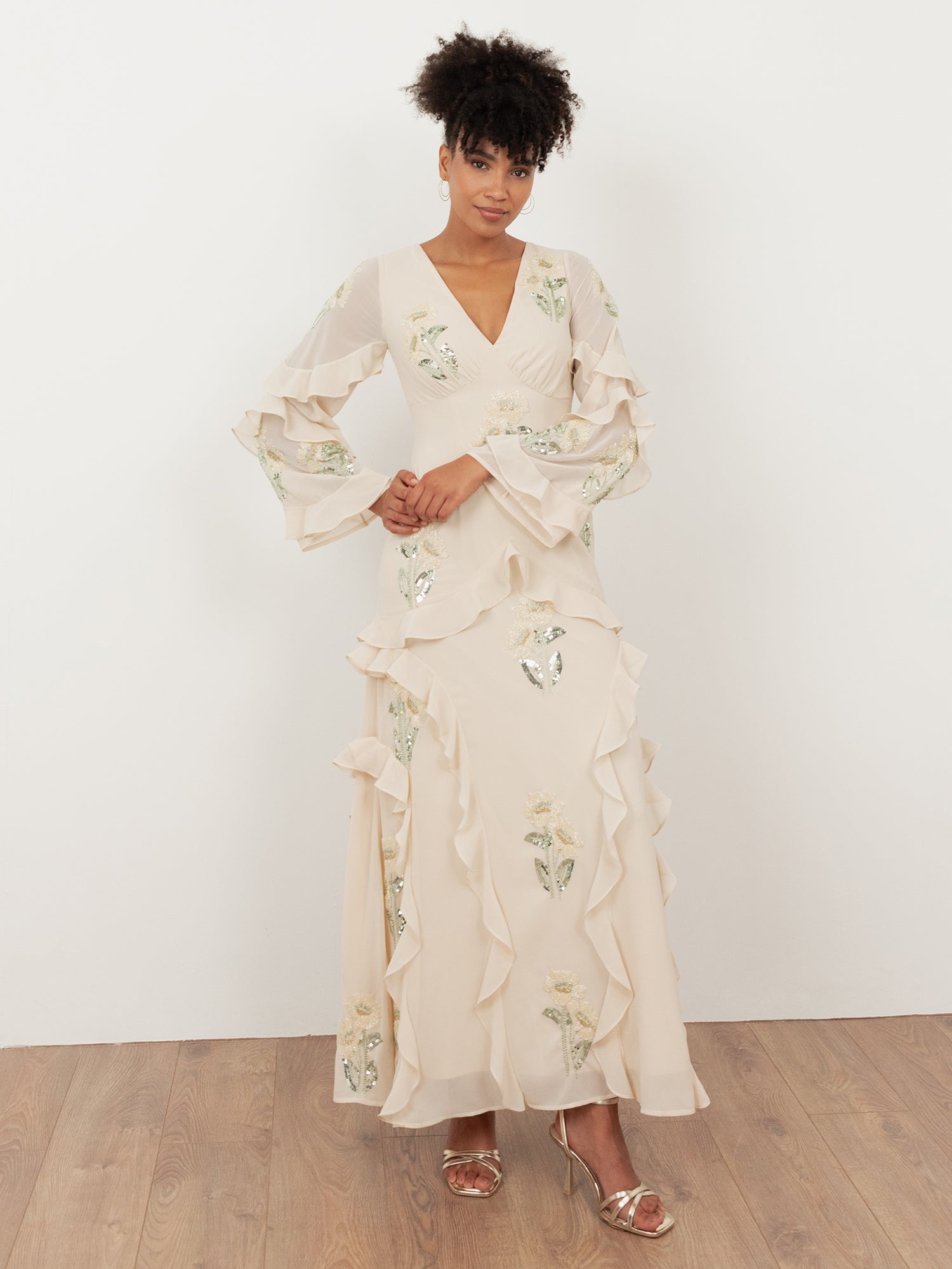 Maya Vanilla Embellished Maxi Sleeve Ruffle Maxi Dress
