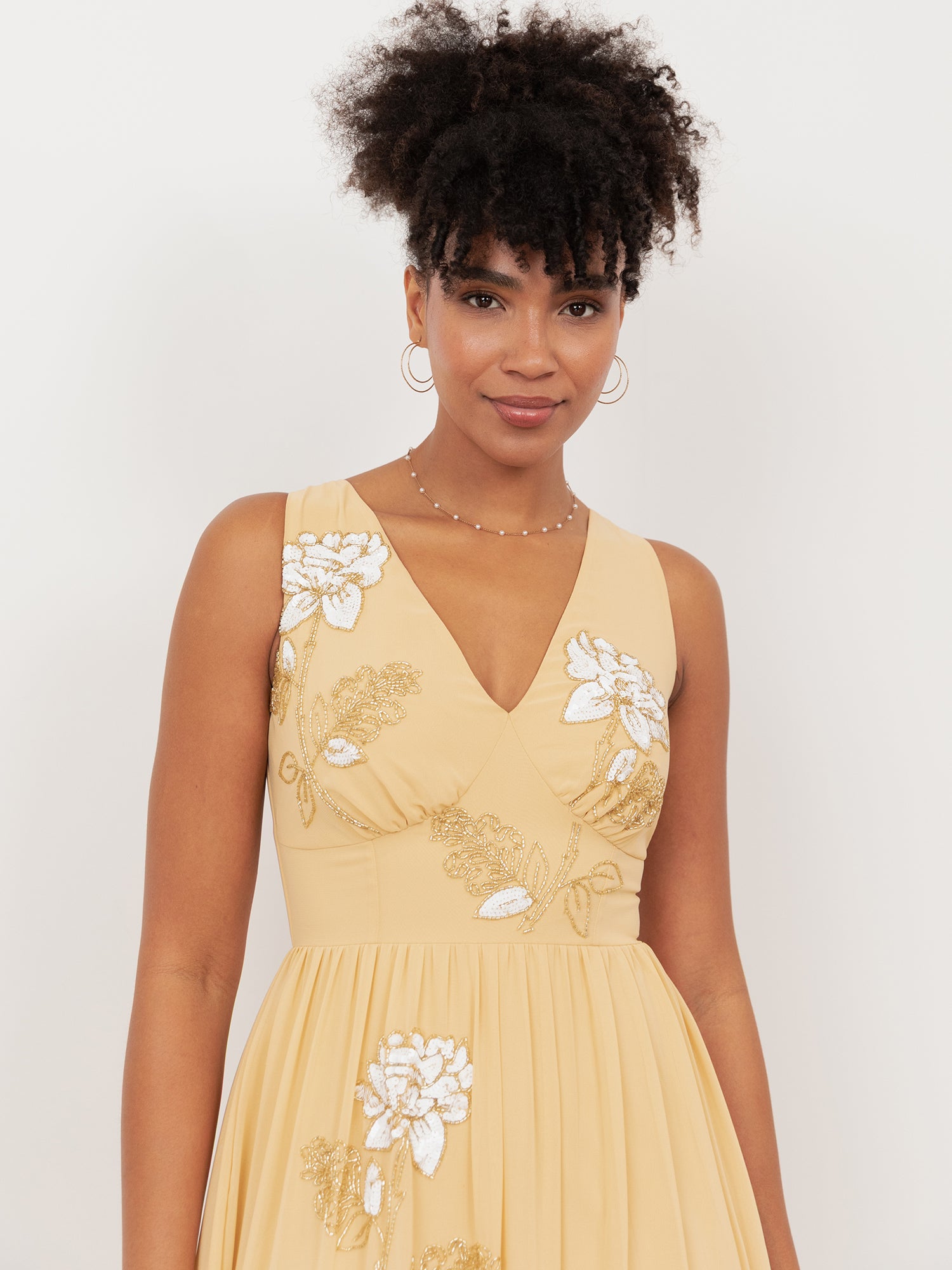 Maya Buttercream Floral Embellished V Neck Midaxi Dress with Split