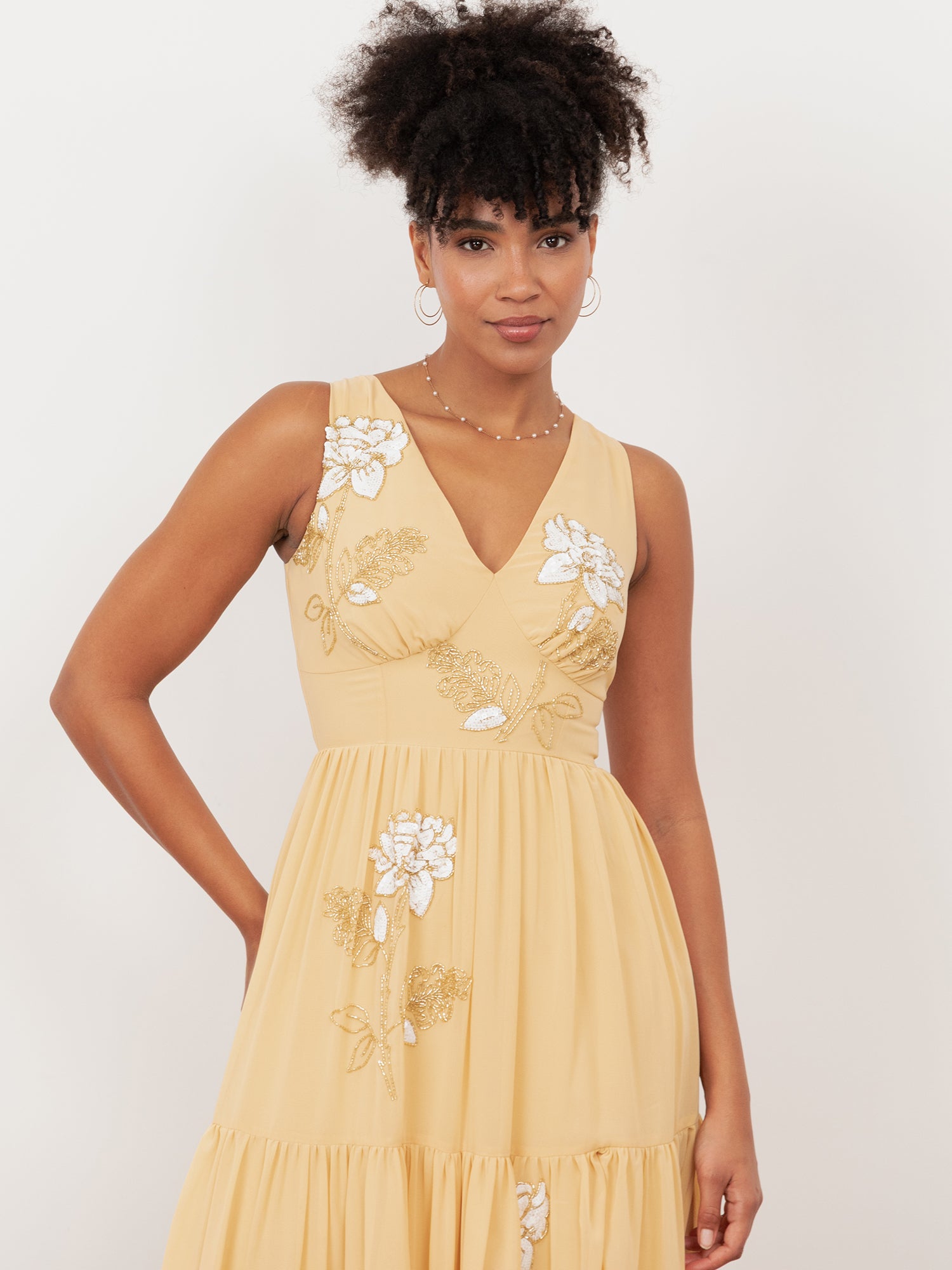 Maya Buttercream Floral Embellished V Neck Midaxi Dress with Split