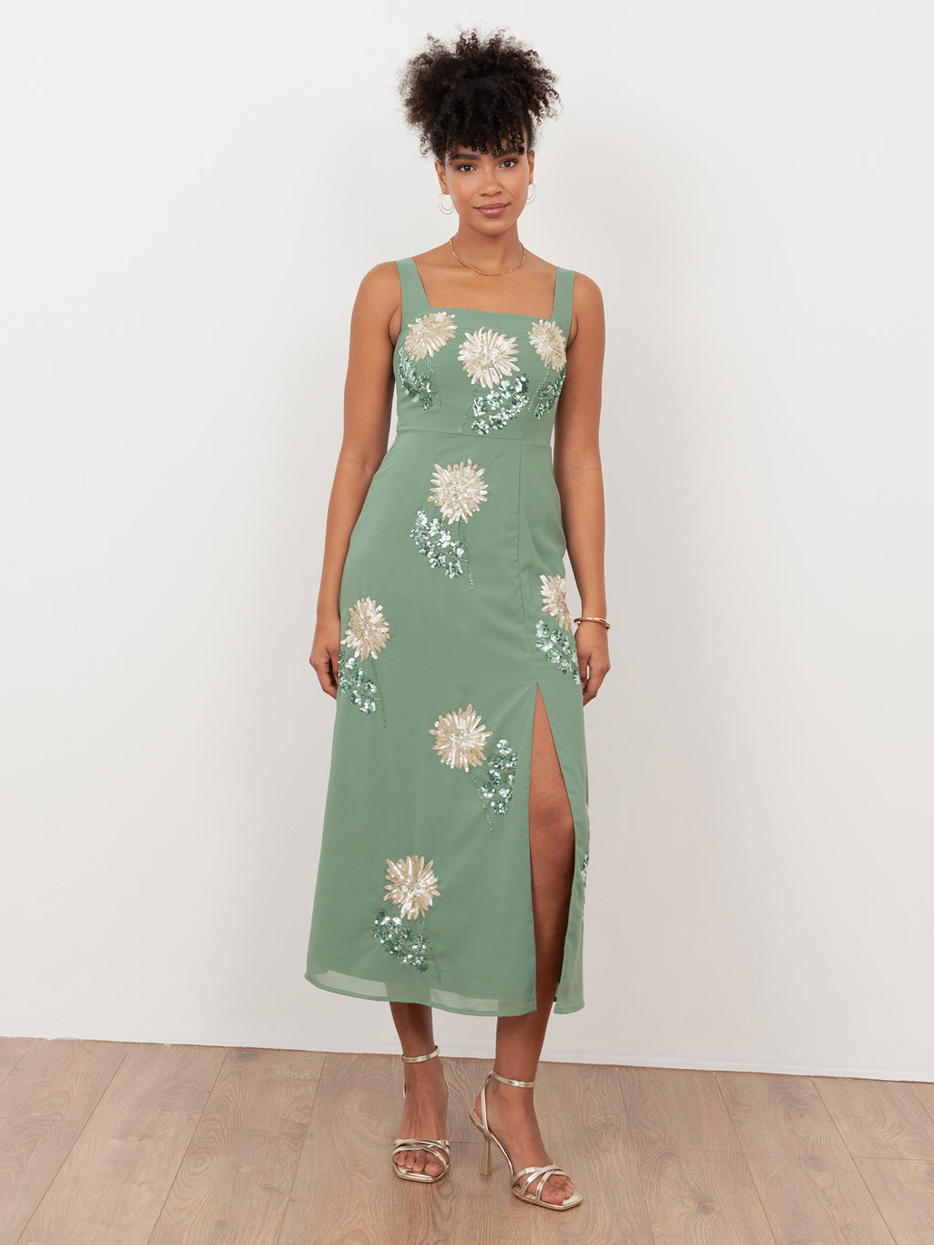 Maya Dark Sage Green Floral Embellished Square Neck Midaxi Dress with Split