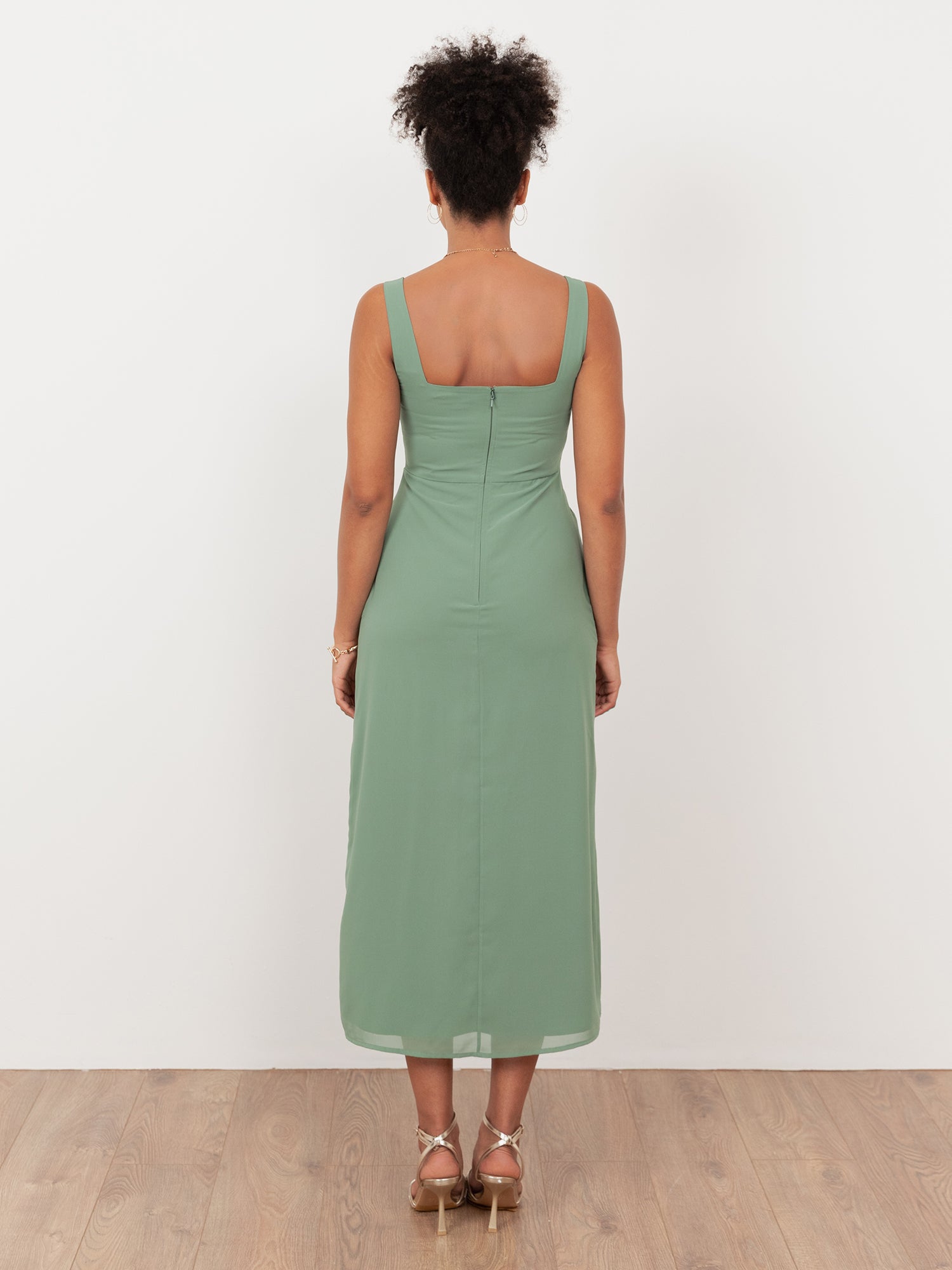 Maya Dark Sage Green Floral Embellished Square Neck Midaxi Dress with Split