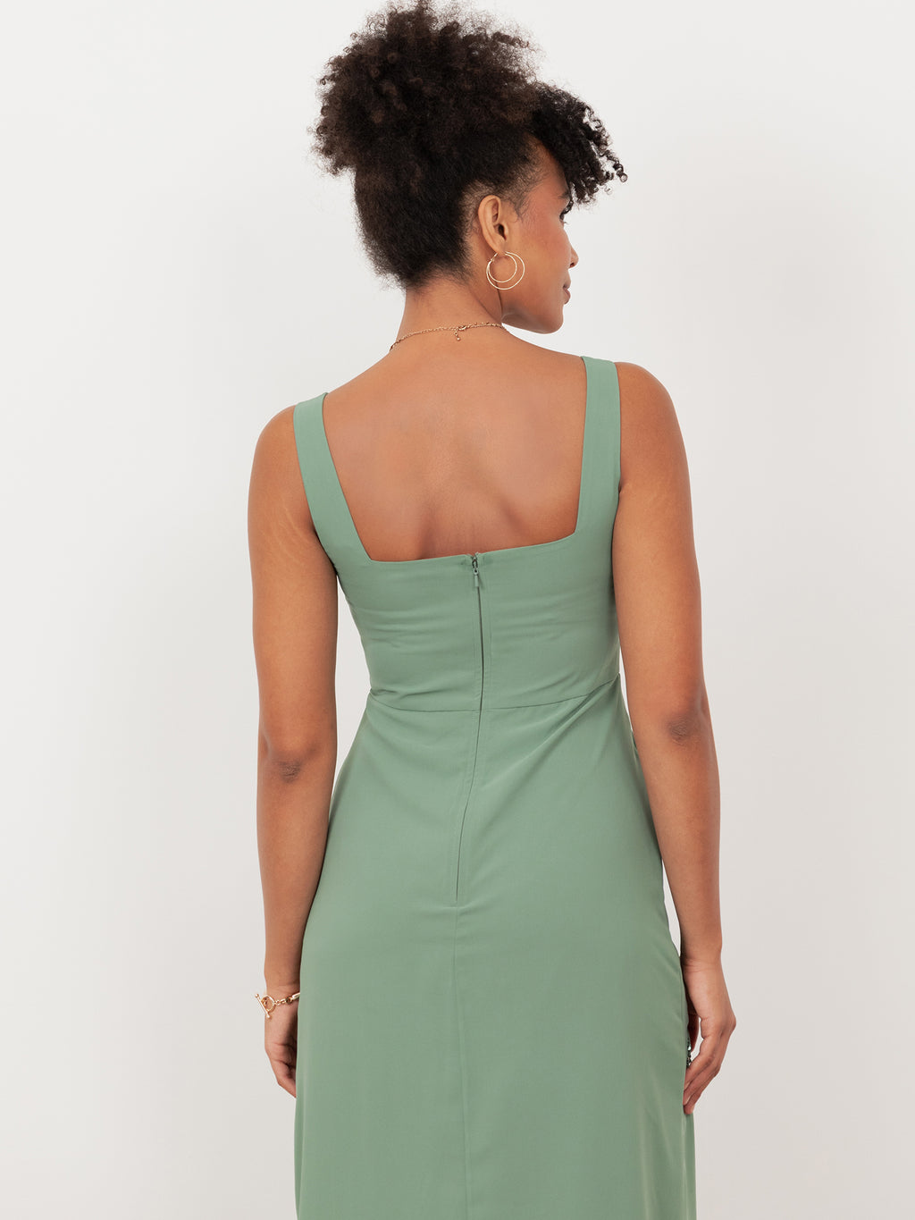 Maya Dark Sage Green Floral Embellished Square Neck Midaxi Dress with Split