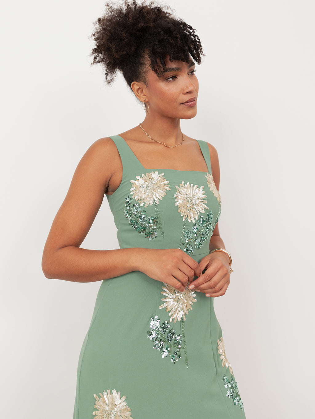 Maya Dark Sage Green Floral Embellished Square Neck Midaxi Dress with Split