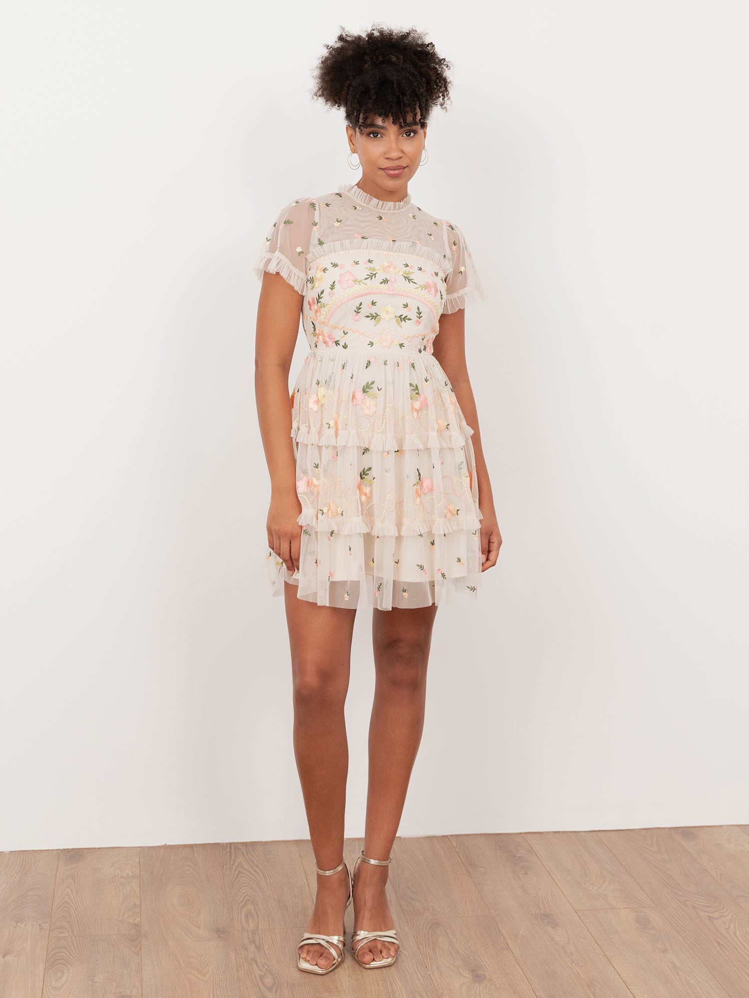 Maya Buttercream Embroidered Short Sleeve High Neck Mini Dress