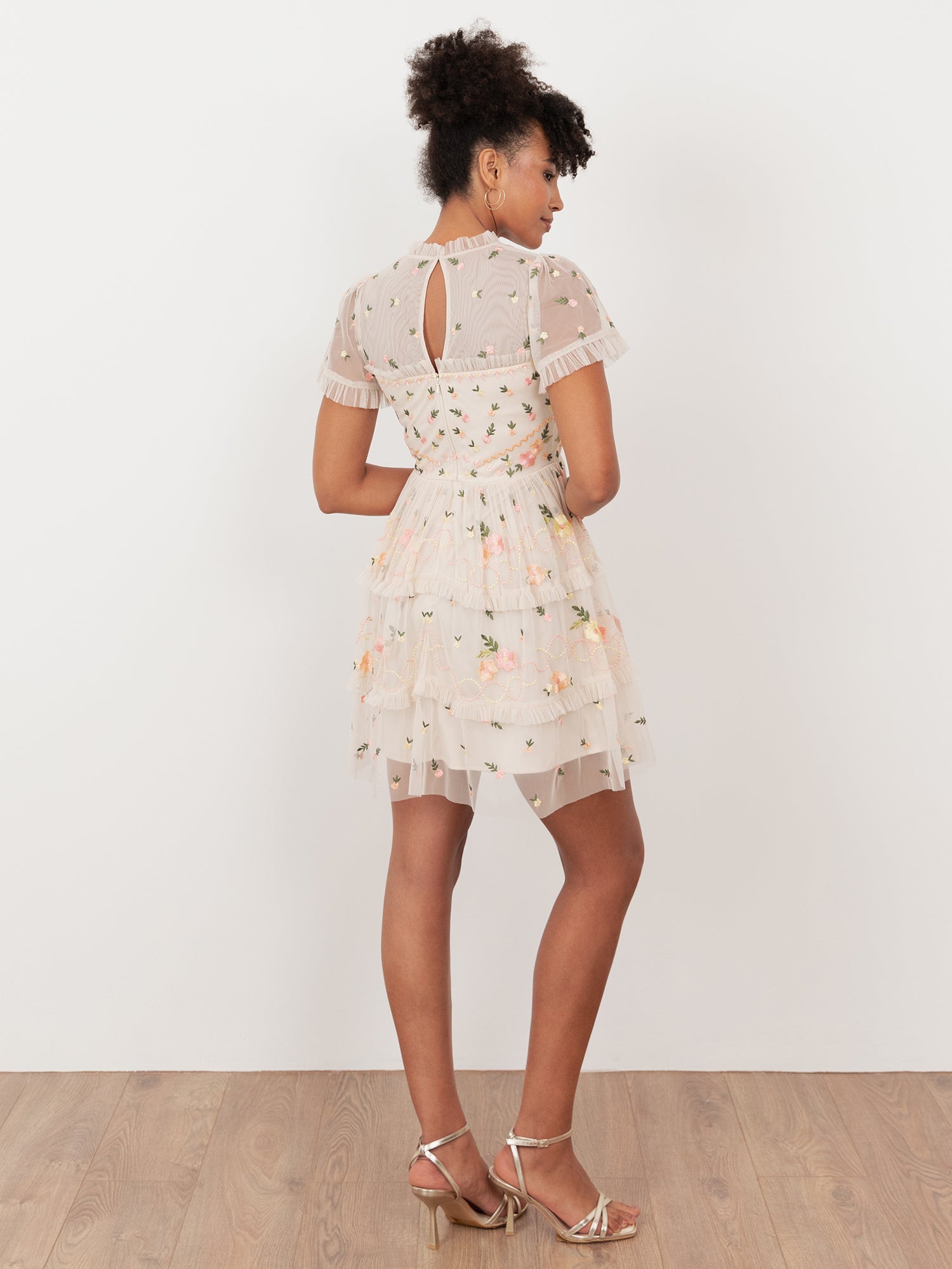 Maya Buttercream Embroidered Short Sleeve High Neck Mini Dress