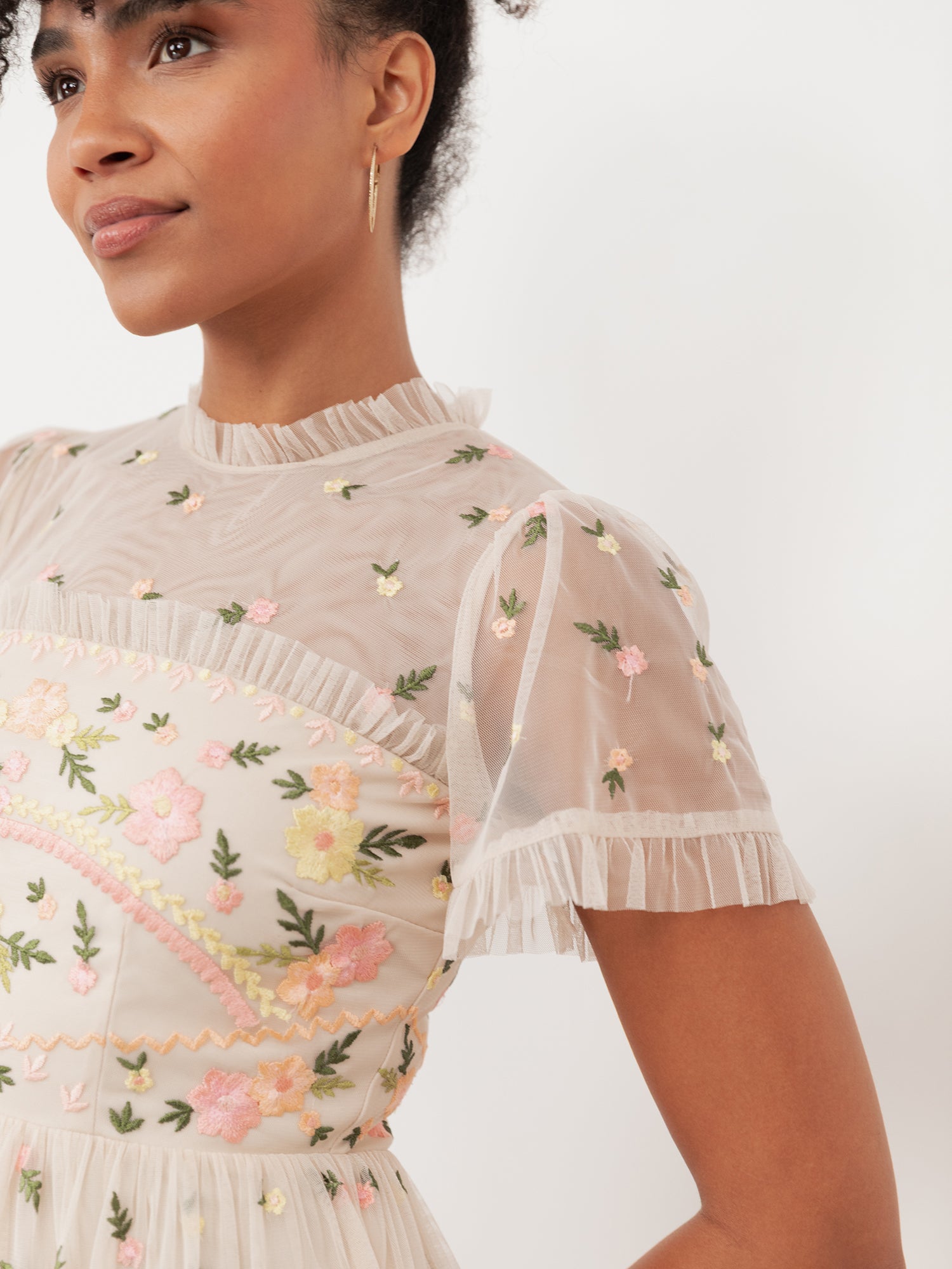 Maya Buttercream Embroidered Short Sleeve High Neck Mini Dress