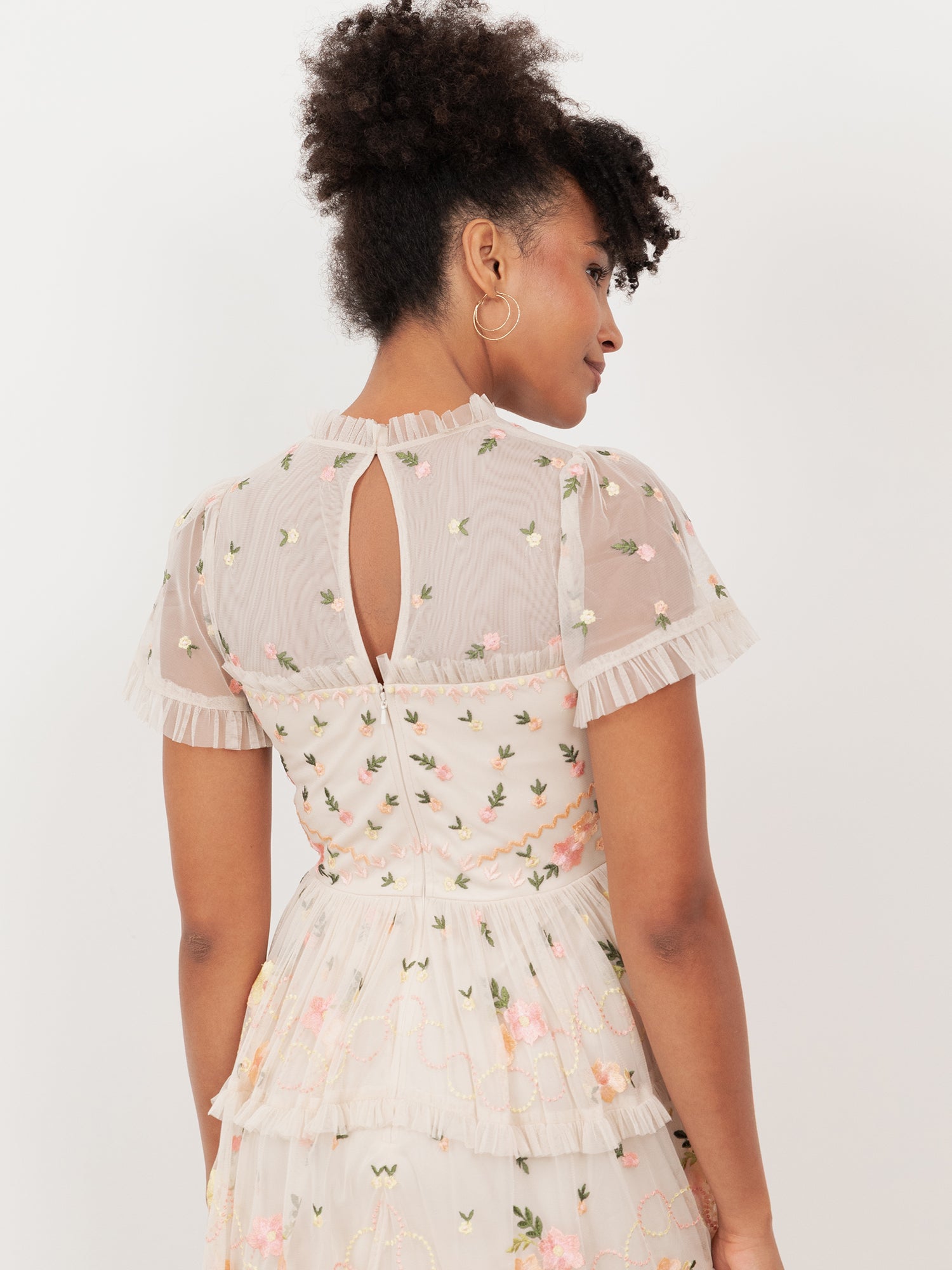 Maya Buttercream Embroidered Short Sleeve High Neck Mini Dress