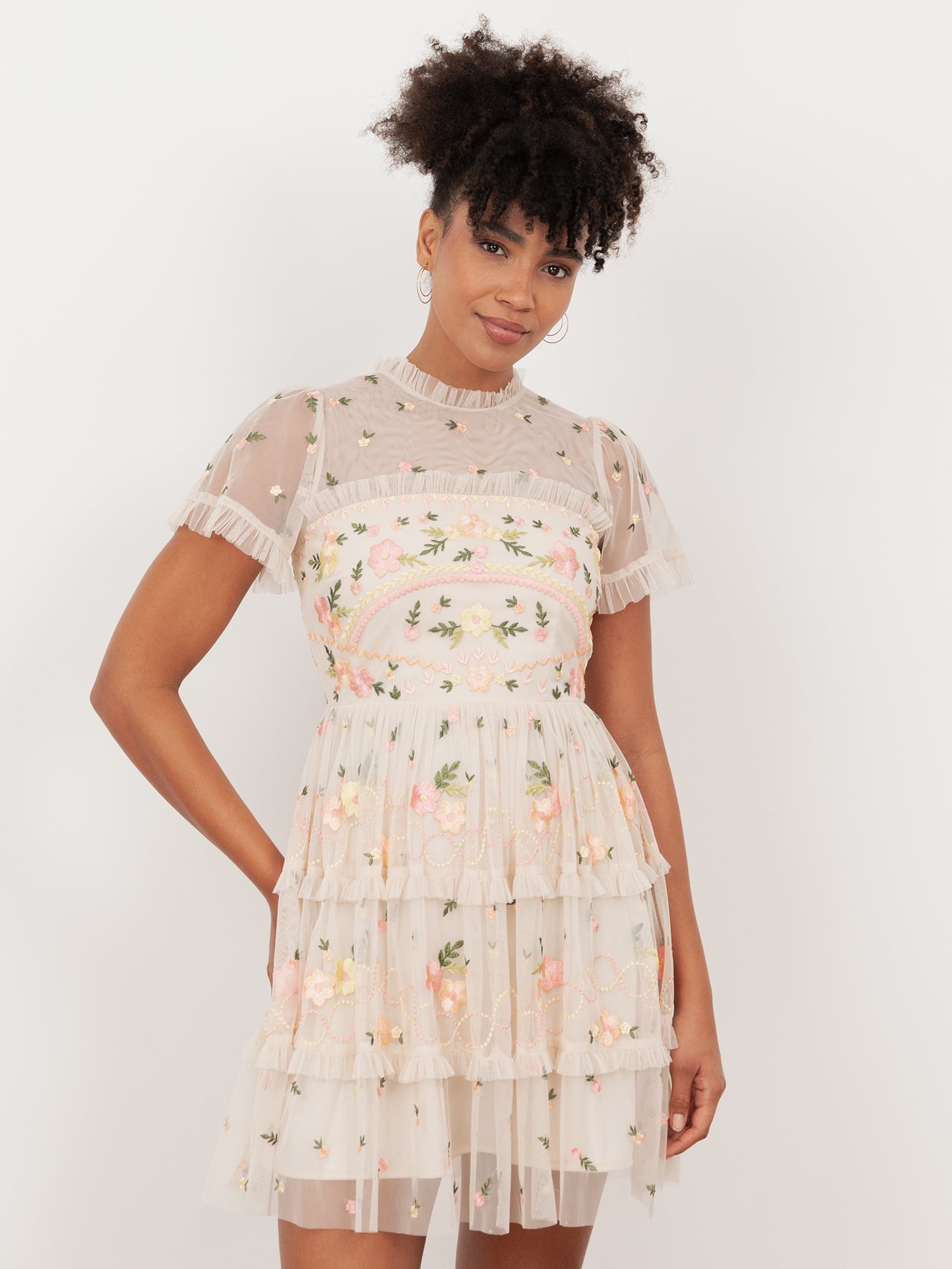 Maya Buttercream Embroidered Short Sleeve High Neck Mini Dress