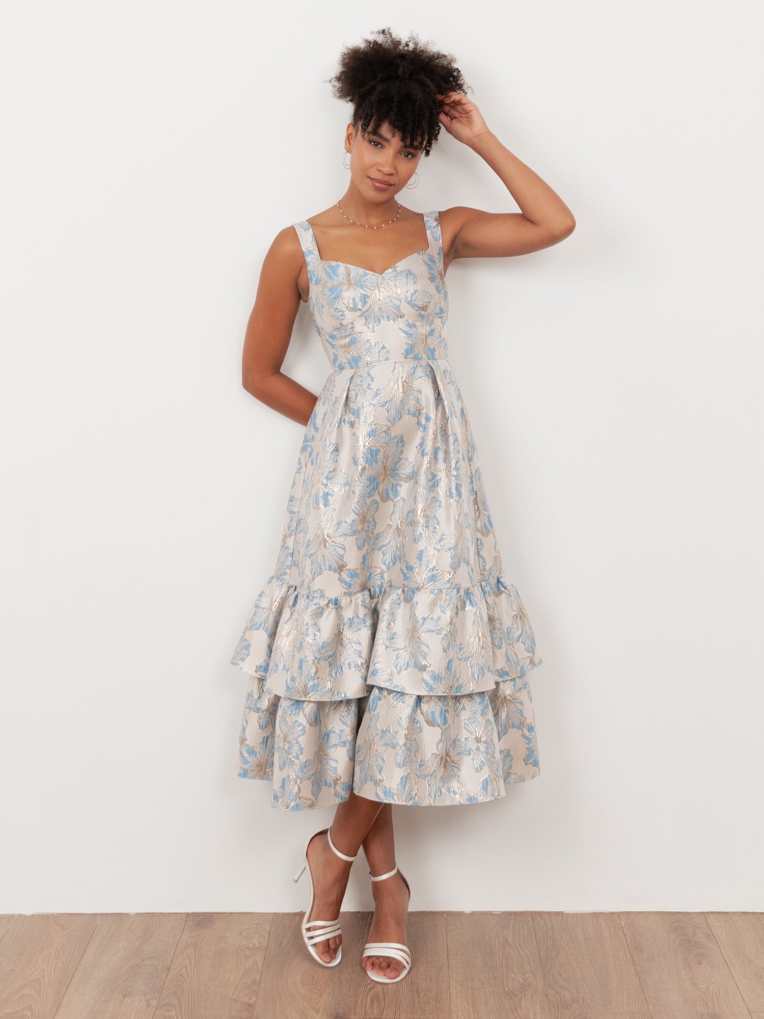 Maya Blue Floral Jacquard Strappy Midi Dress