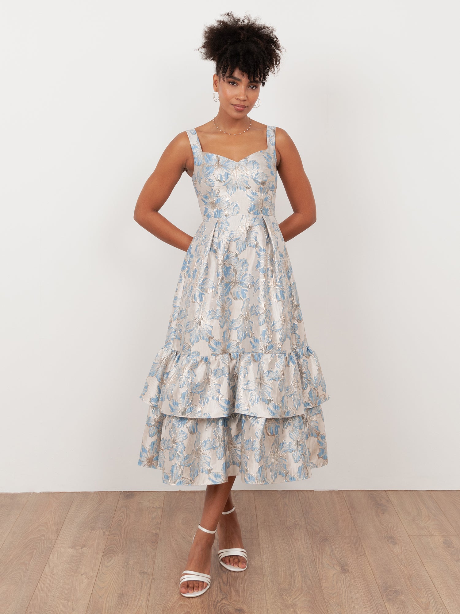 Maya Blue Floral Jacquard Strappy Midi Dress