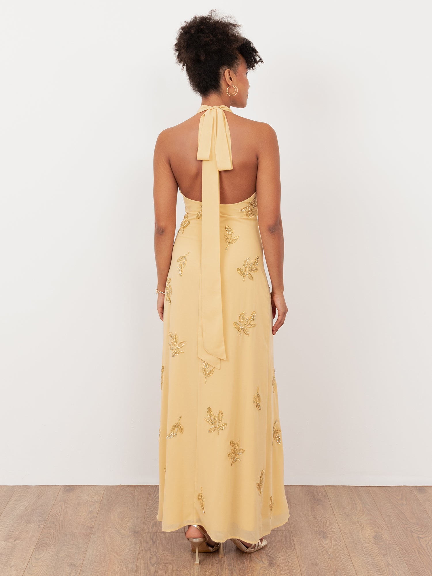 Maya Buttercream Embellished Halter Neck & Open Back Maxi Dress