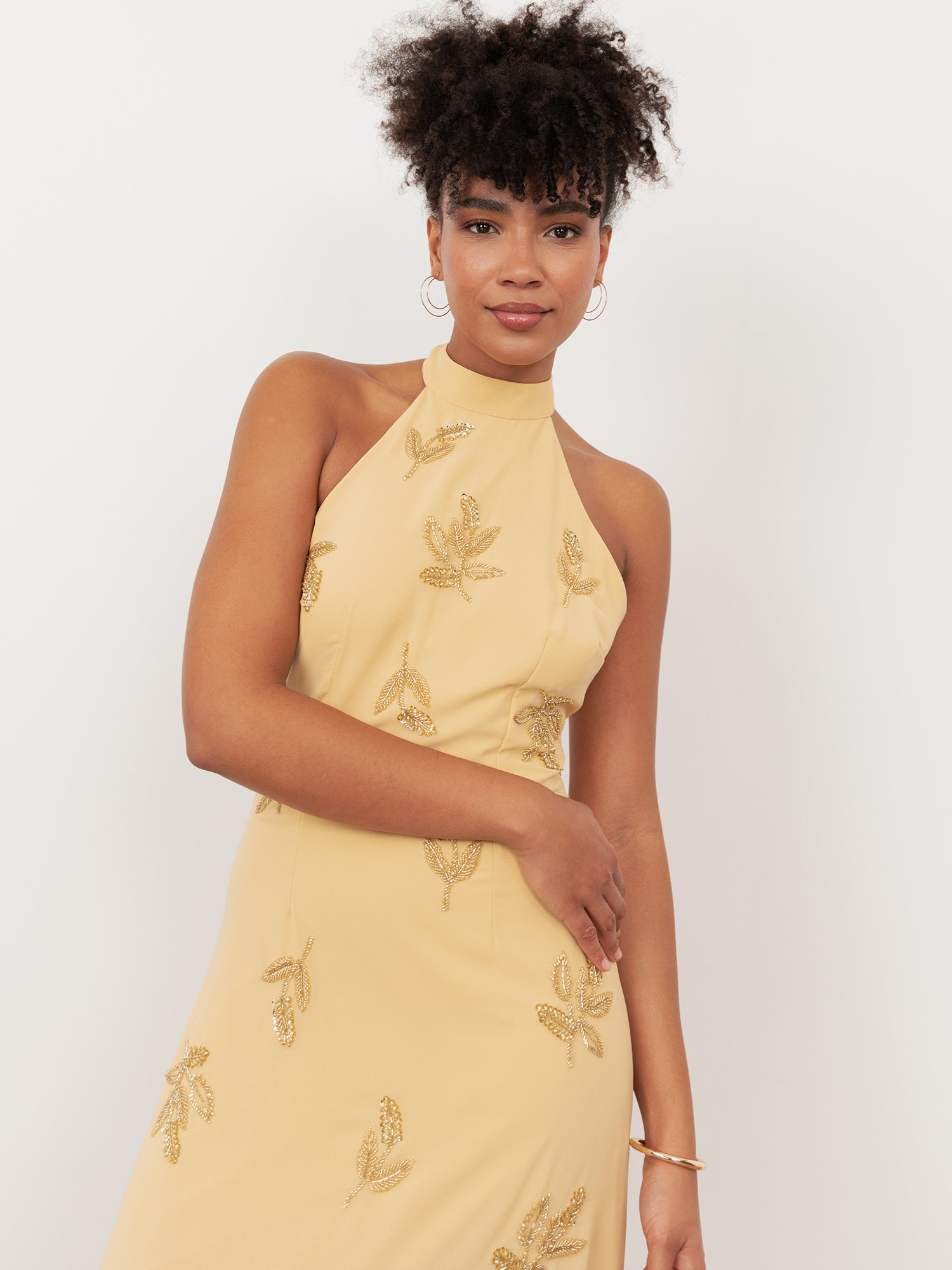 Maya Buttercream Embellished Halter Neck & Open Back Maxi Dress