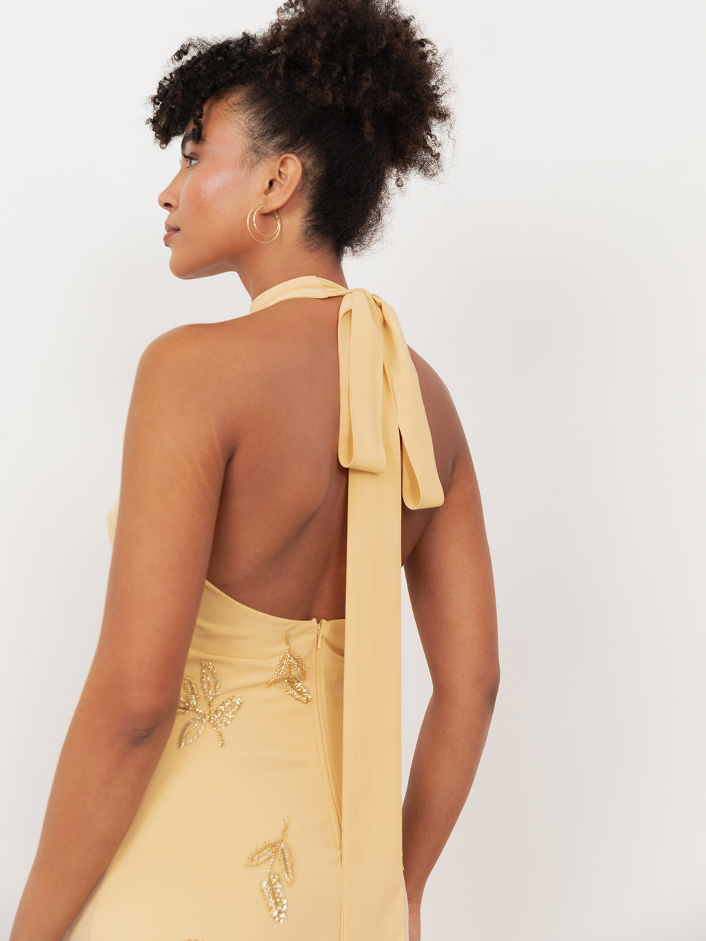 Maya Buttercream Embellished Halter Neck & Open Back Maxi Dress
