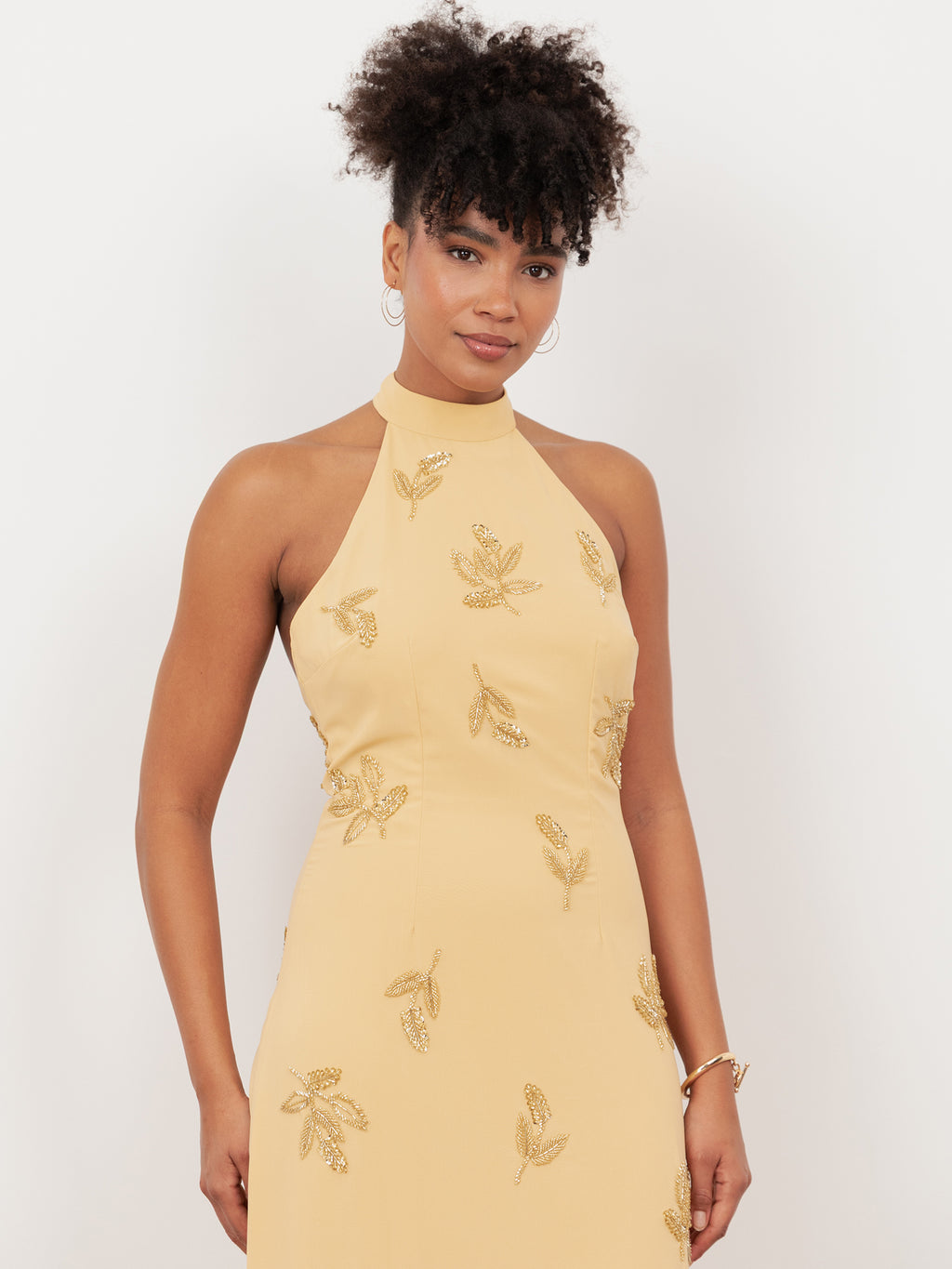 Maya Buttercream Embellished Halter Neck & Open Back Maxi Dress
