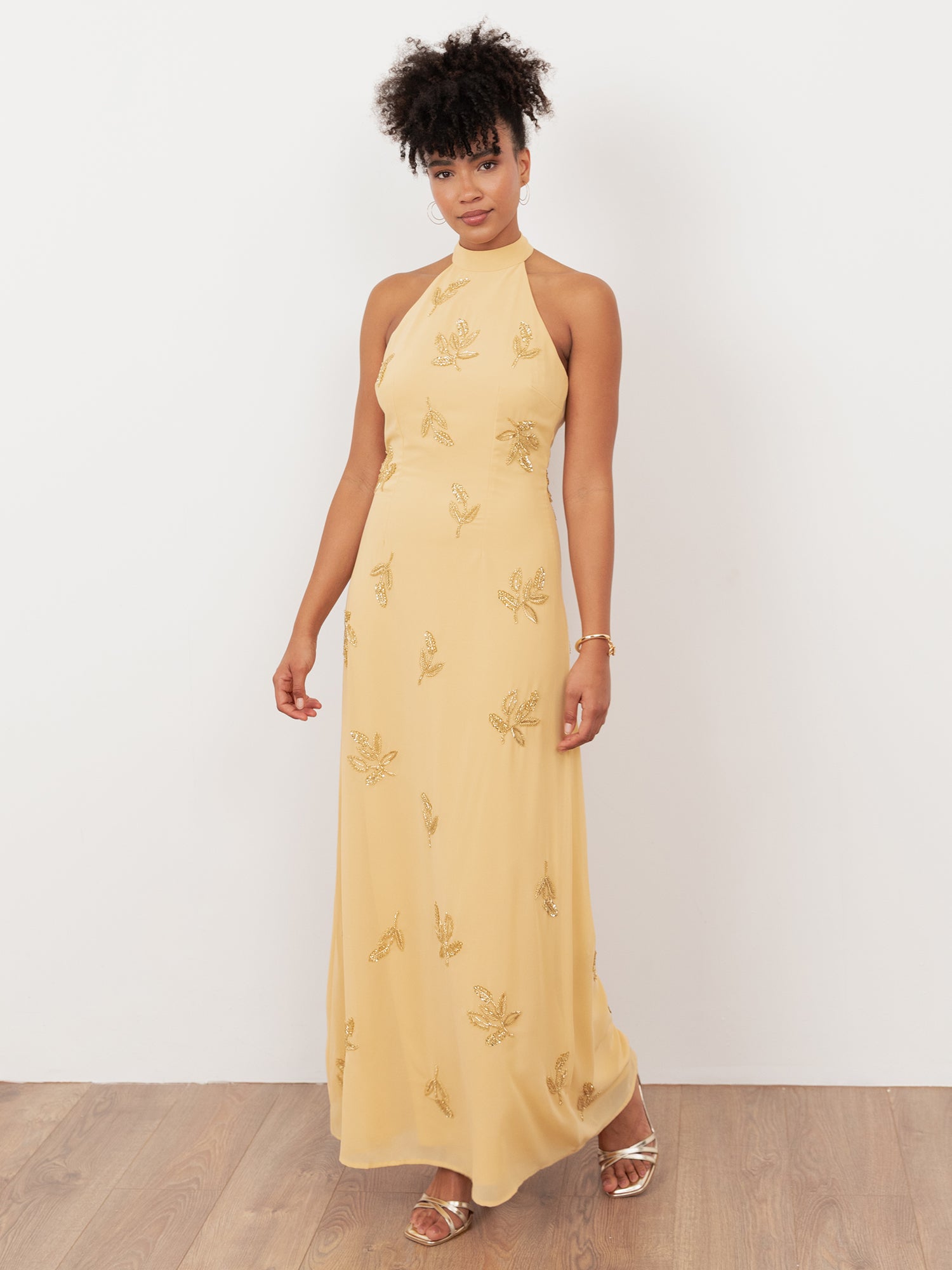 Maya Buttercream Embellished Halter Neck & Open Back Maxi Dress