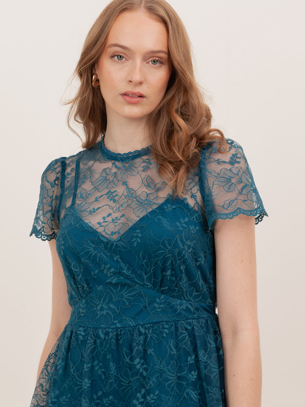 Lovedrobe Teal Floral Lace Short Sleeve Mini Dress