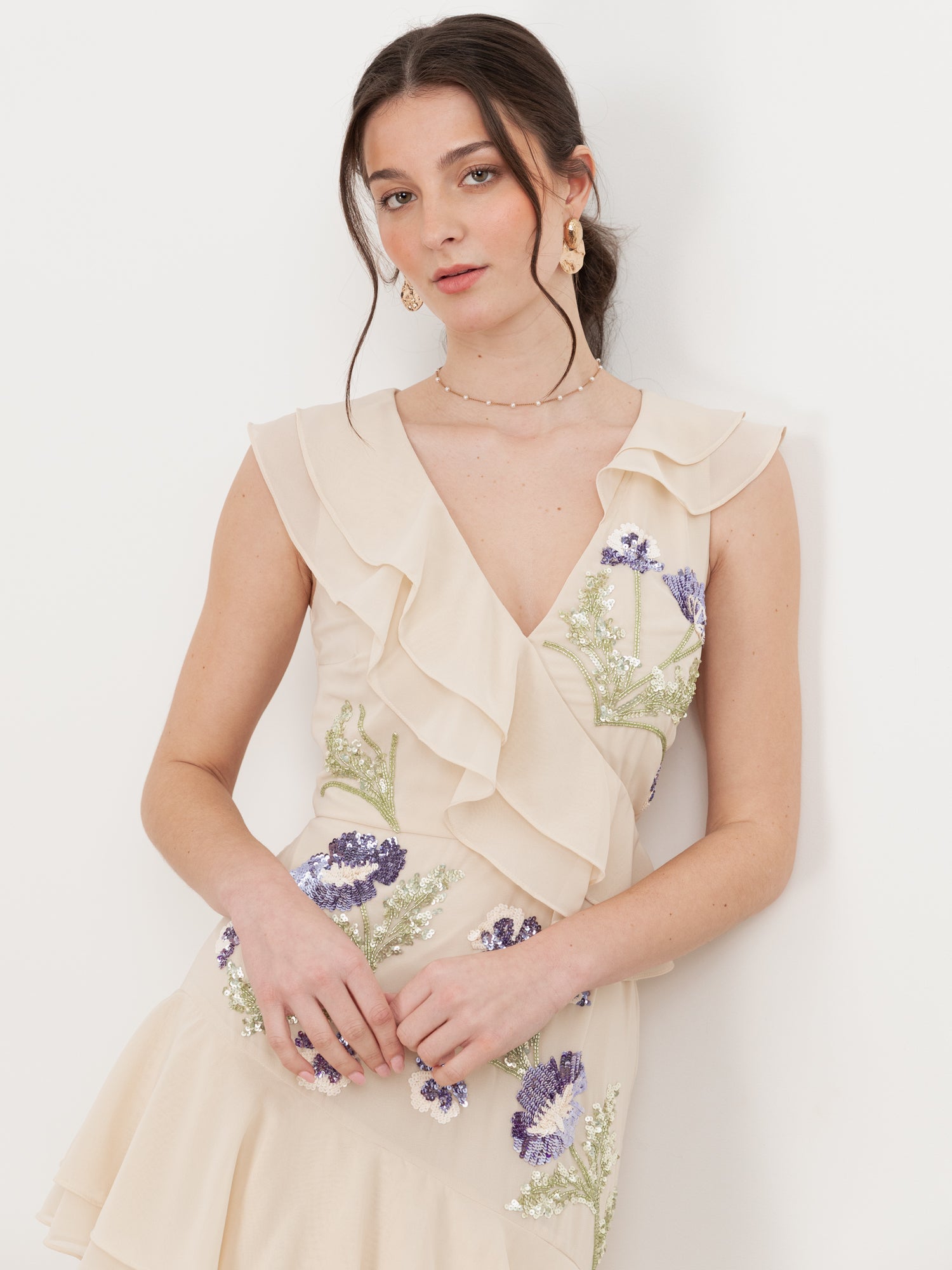 Maya Vanilla Embellished Asymmetric Ruffle Maxi Dress