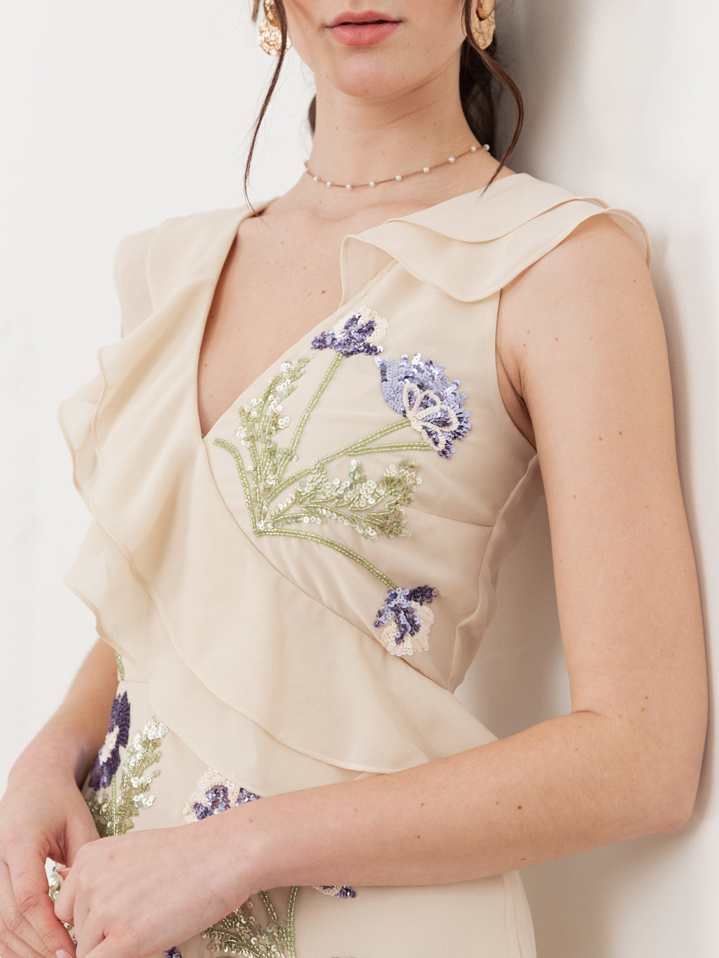 Maya Vanilla Embellished Asymmetric Ruffle Maxi Dress