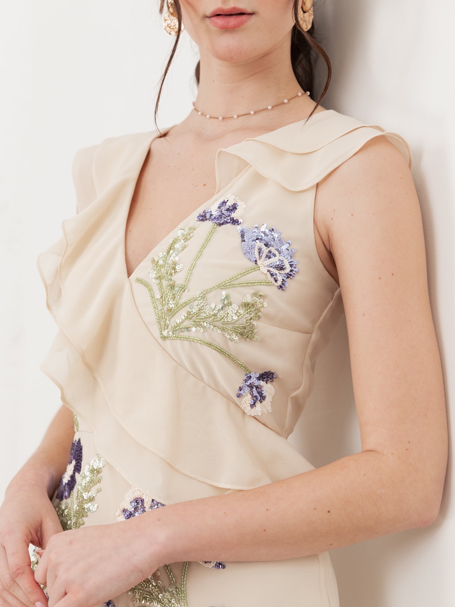 Maya Vanilla Embellished Asymmetric Ruffle Maxi Dress