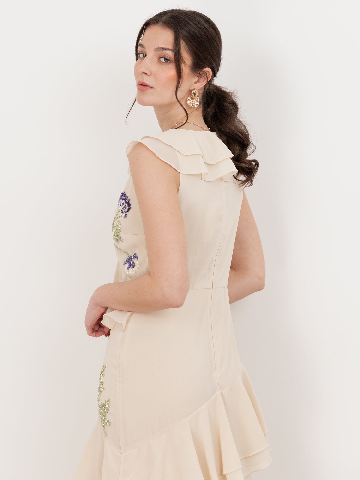 Maya Vanilla Embellished Asymmetric Ruffle Maxi Dress