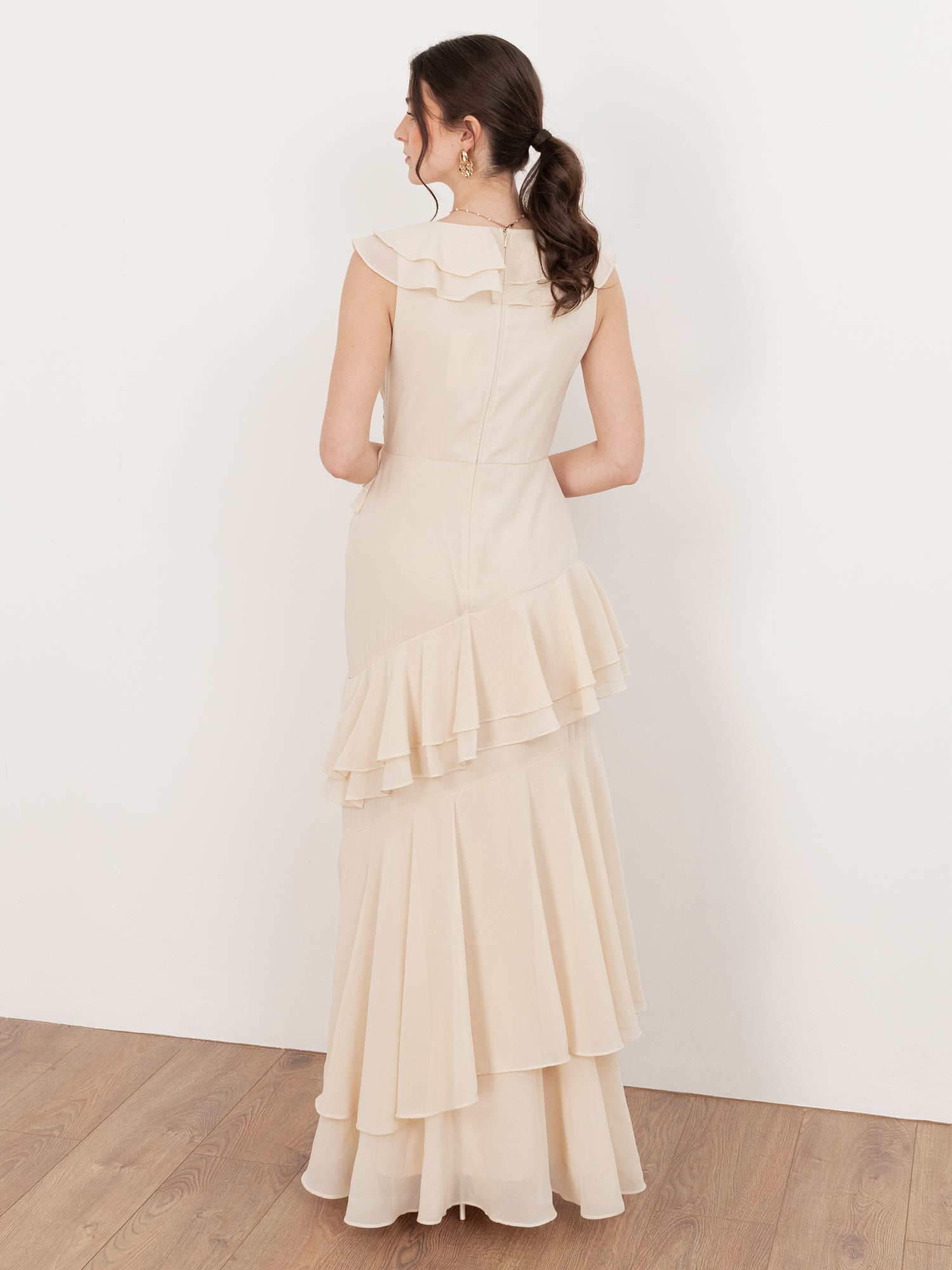 Maya Vanilla Embellished Asymmetric Ruffle Maxi Dress